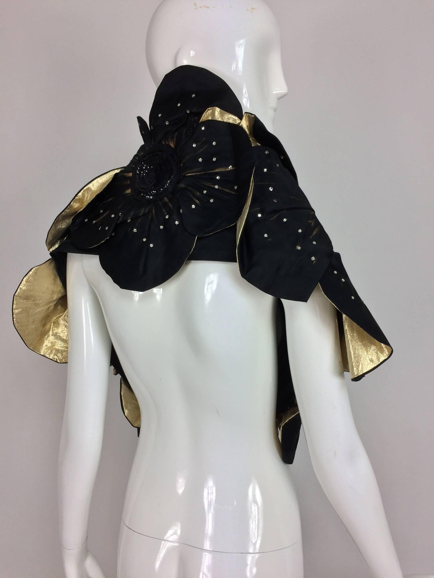 Hand painted black silk taffeta and gold lame floral fantasy evening wrap 1980s In Excellent Condition In West Palm Beach, FL