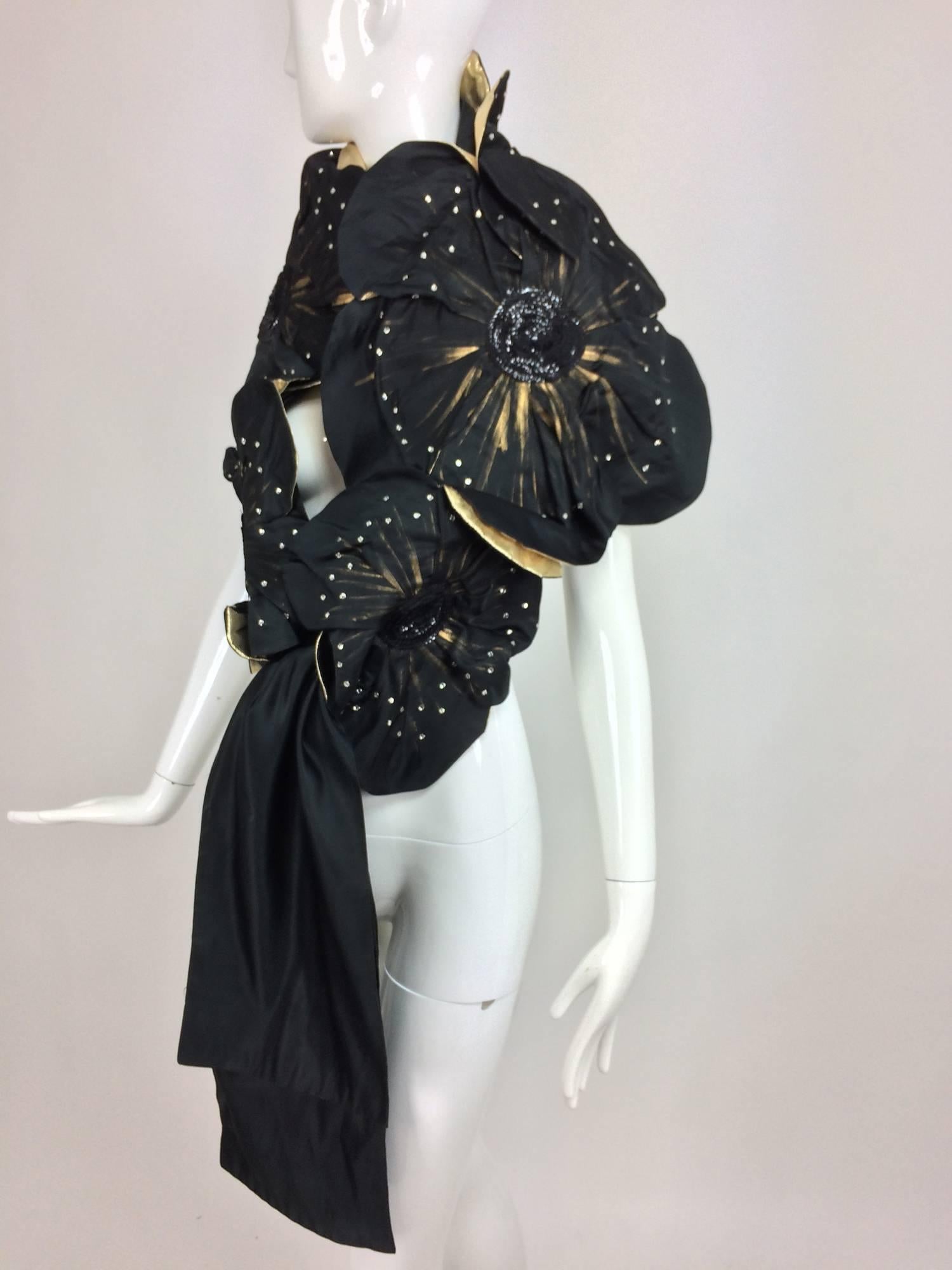 Hand painted black silk taffeta and gold lame floral fantasy evening wrap 1980s 1