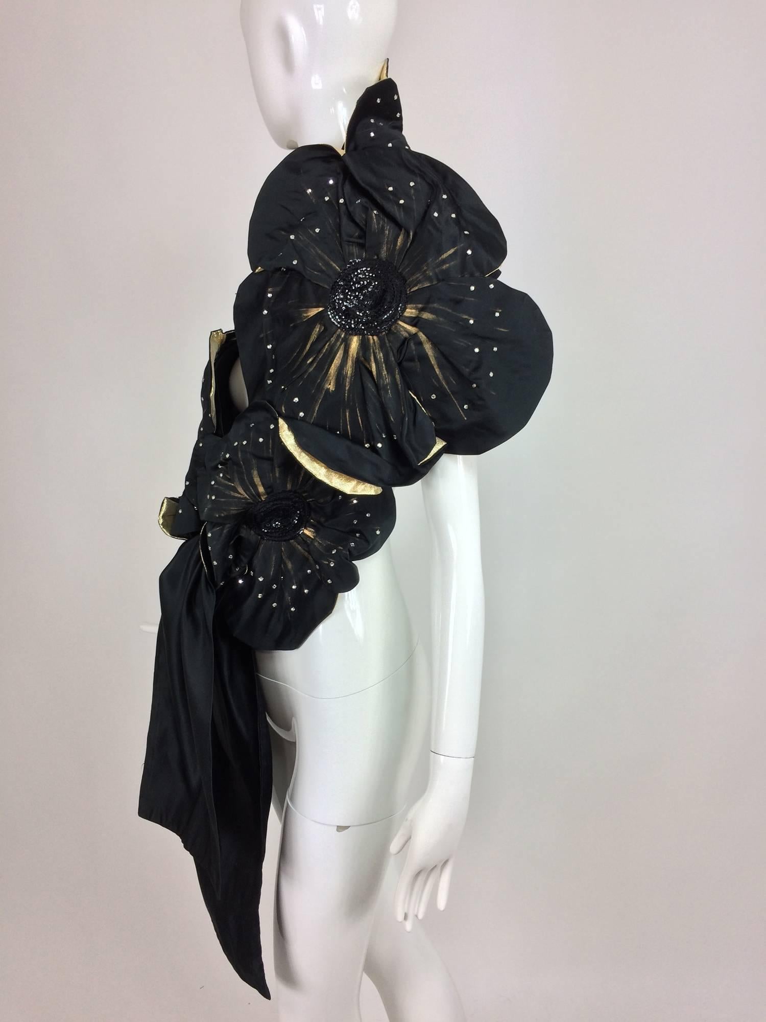 Hand painted black silk taffeta and gold lame floral fantasy evening wrap 1980s 2