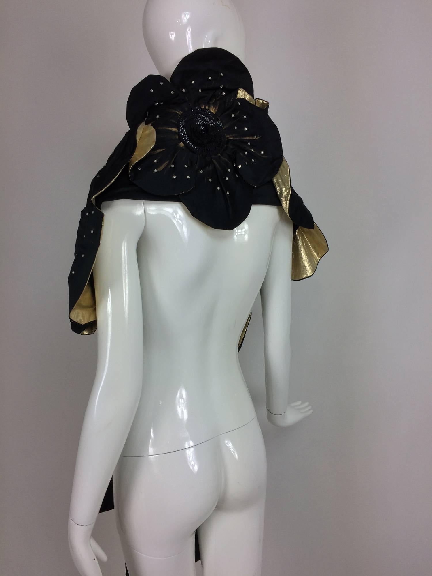 Hand painted black silk taffeta and gold lame floral fantasy evening wrap 1980s 3