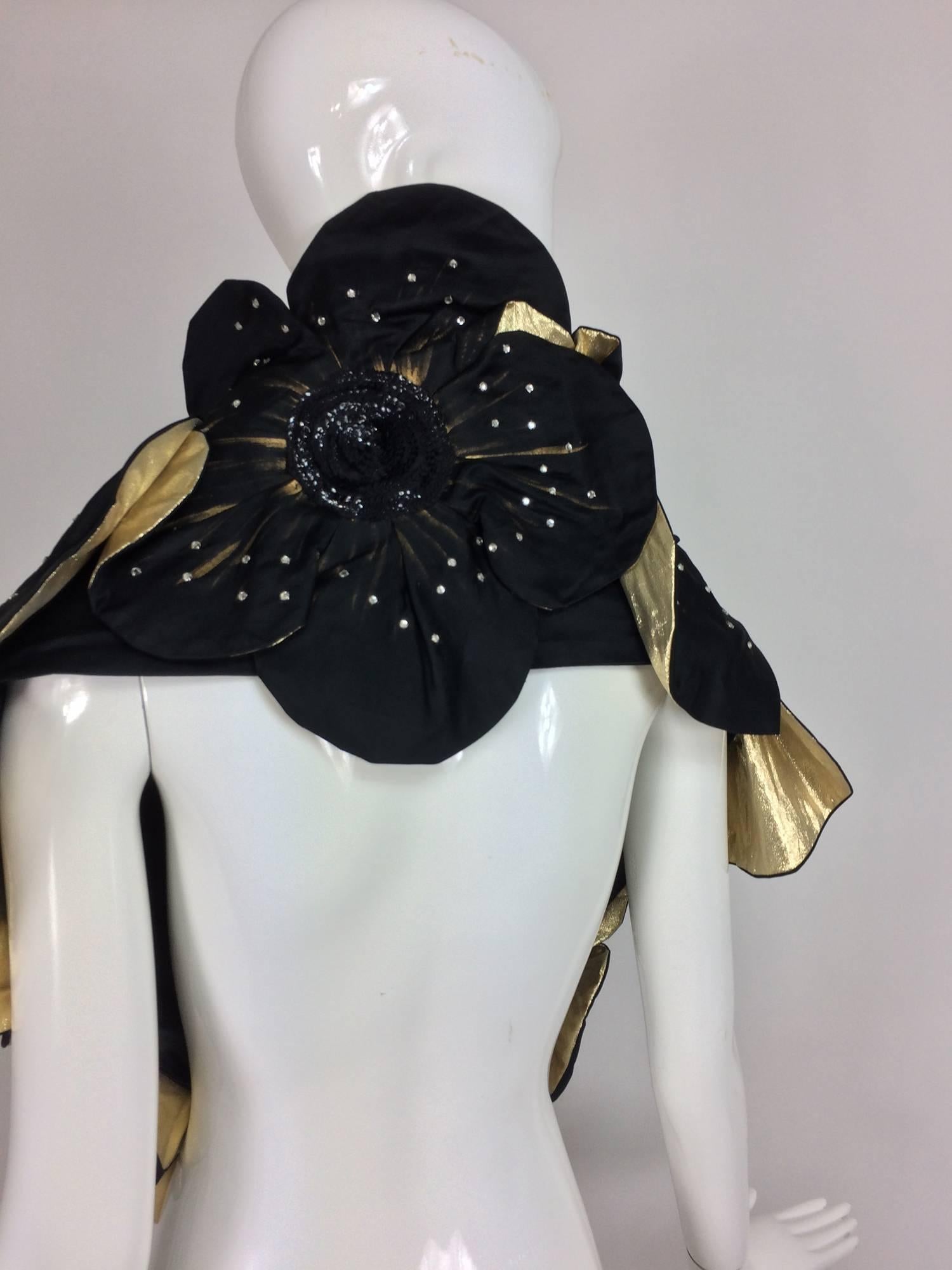 Hand painted black silk taffeta and gold lame floral fantasy evening wrap 1980s 4