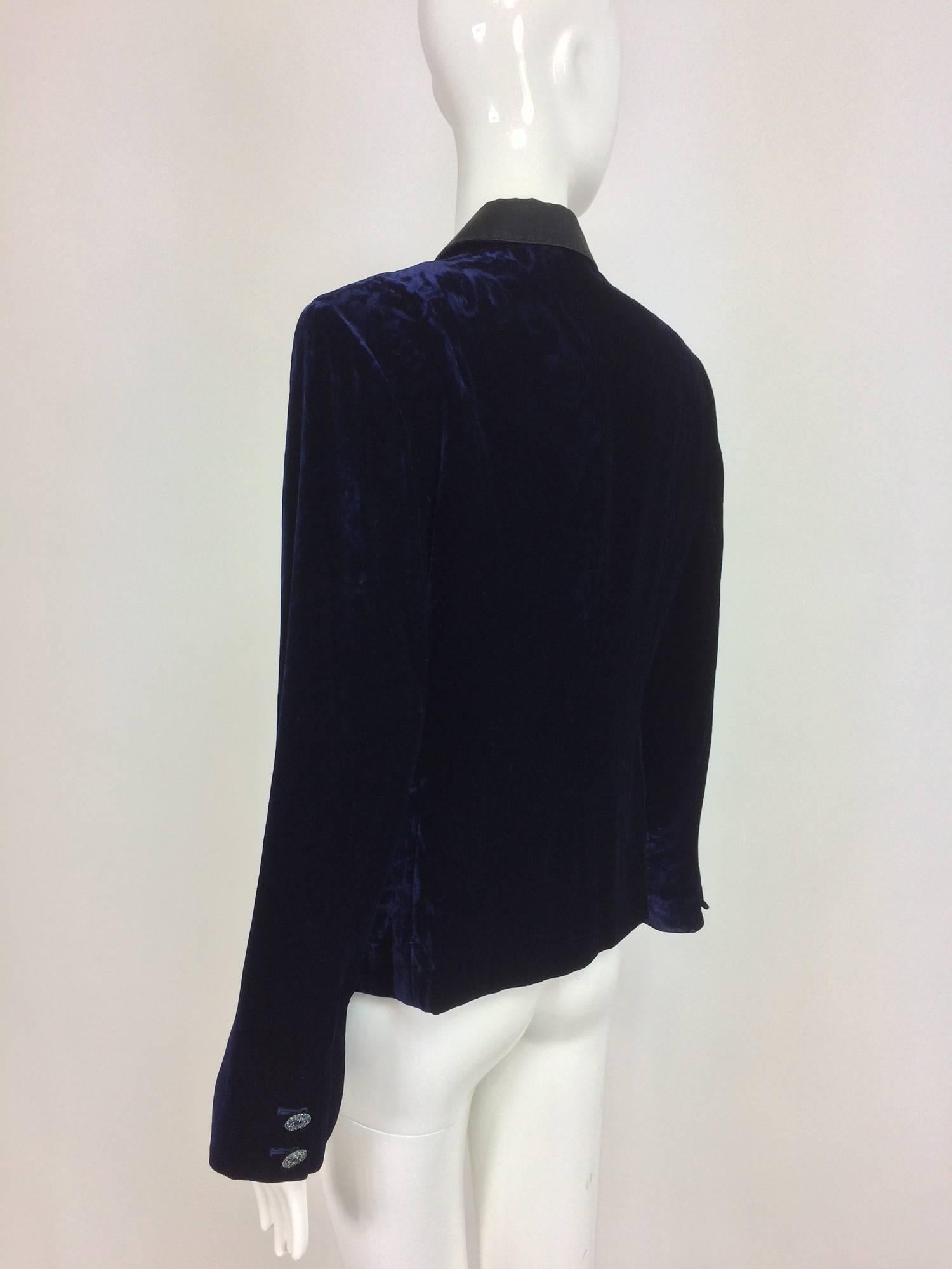 Black Feraud ink blue embossed velvet tuxedo style jacket 