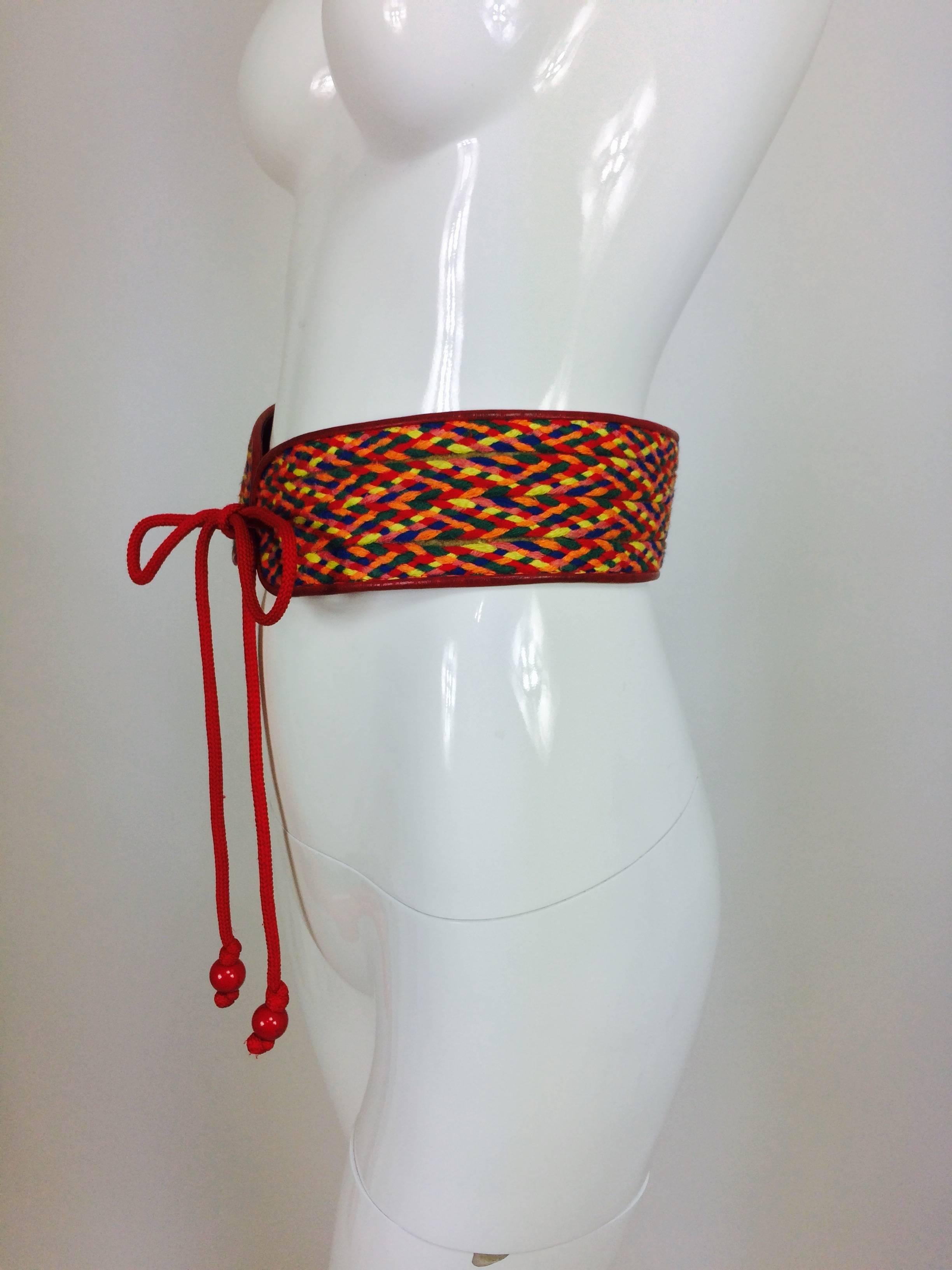 Red Vintage Yves Saint Laurent woven coloured cord and leather belt 1960s