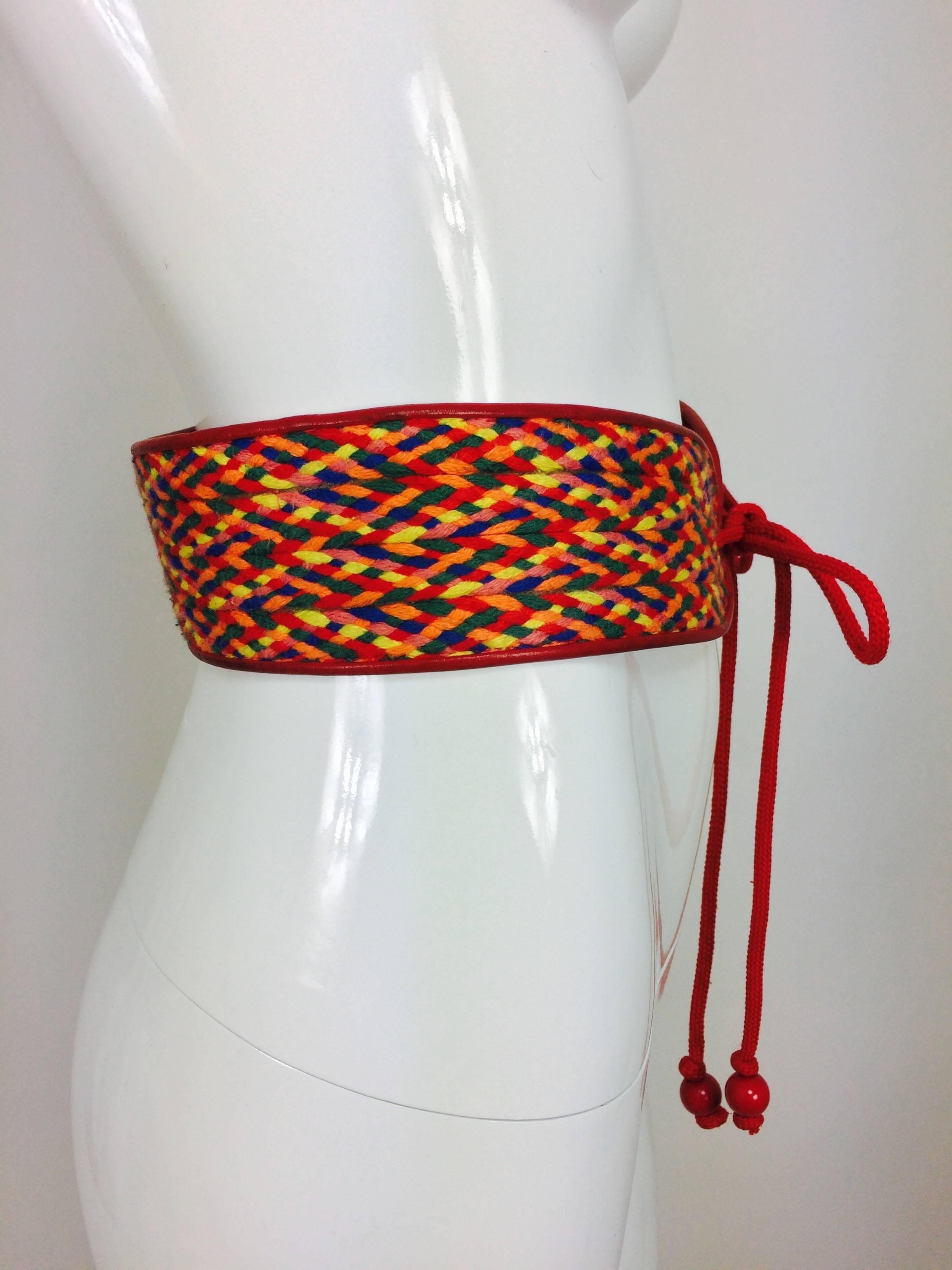 Vintage Yves Saint Laurent woven coloured cord and leather belt 1960s In Excellent Condition In West Palm Beach, FL