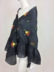 Vintage Christian Dior floral embroidered black silk organza ruffle shawl 1970s
