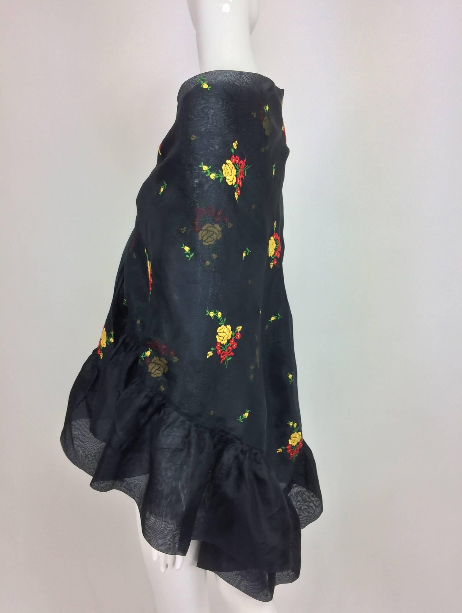 Black Vintage Christian Dior floral embroidered black silk organza ruffle shawl 1970s