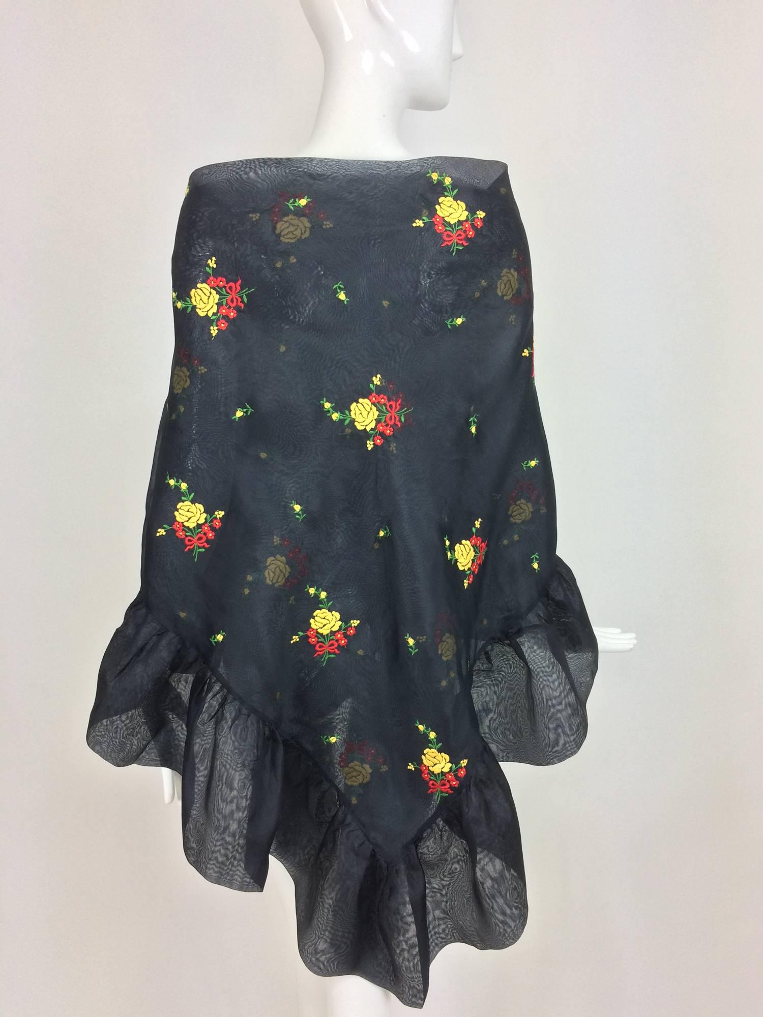 Vintage Christian Dior floral embroidered black silk organza ruffle shawl 1970s In New Condition In West Palm Beach, FL