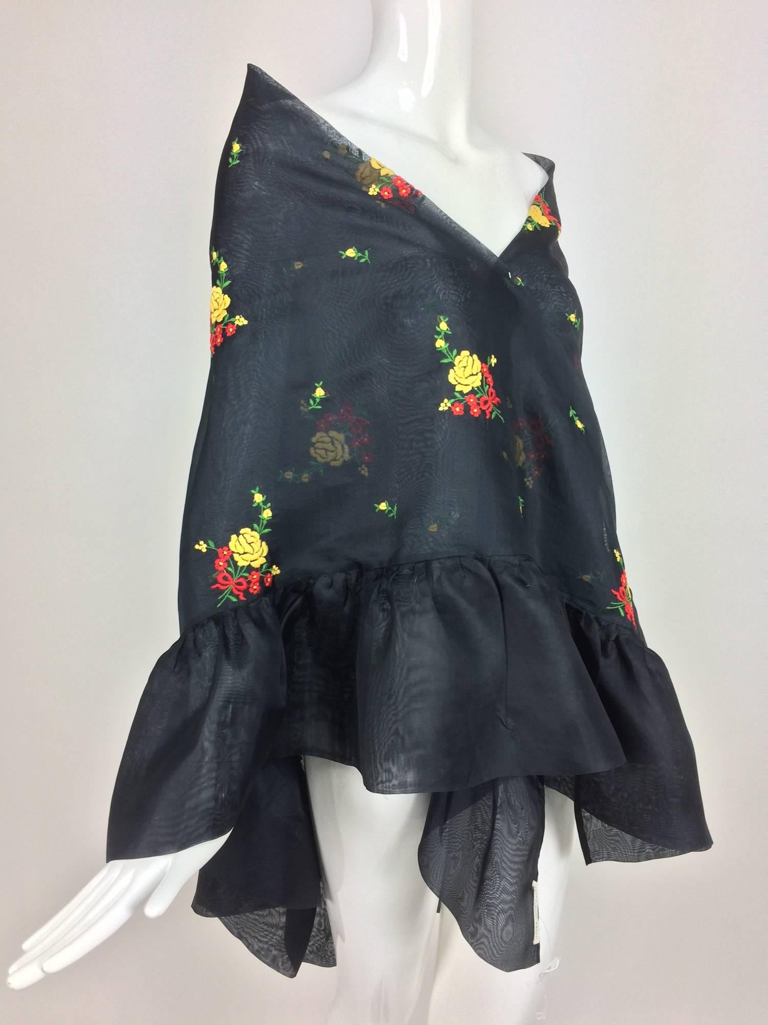 Women's Vintage Christian Dior floral embroidered black silk organza ruffle shawl 1970s