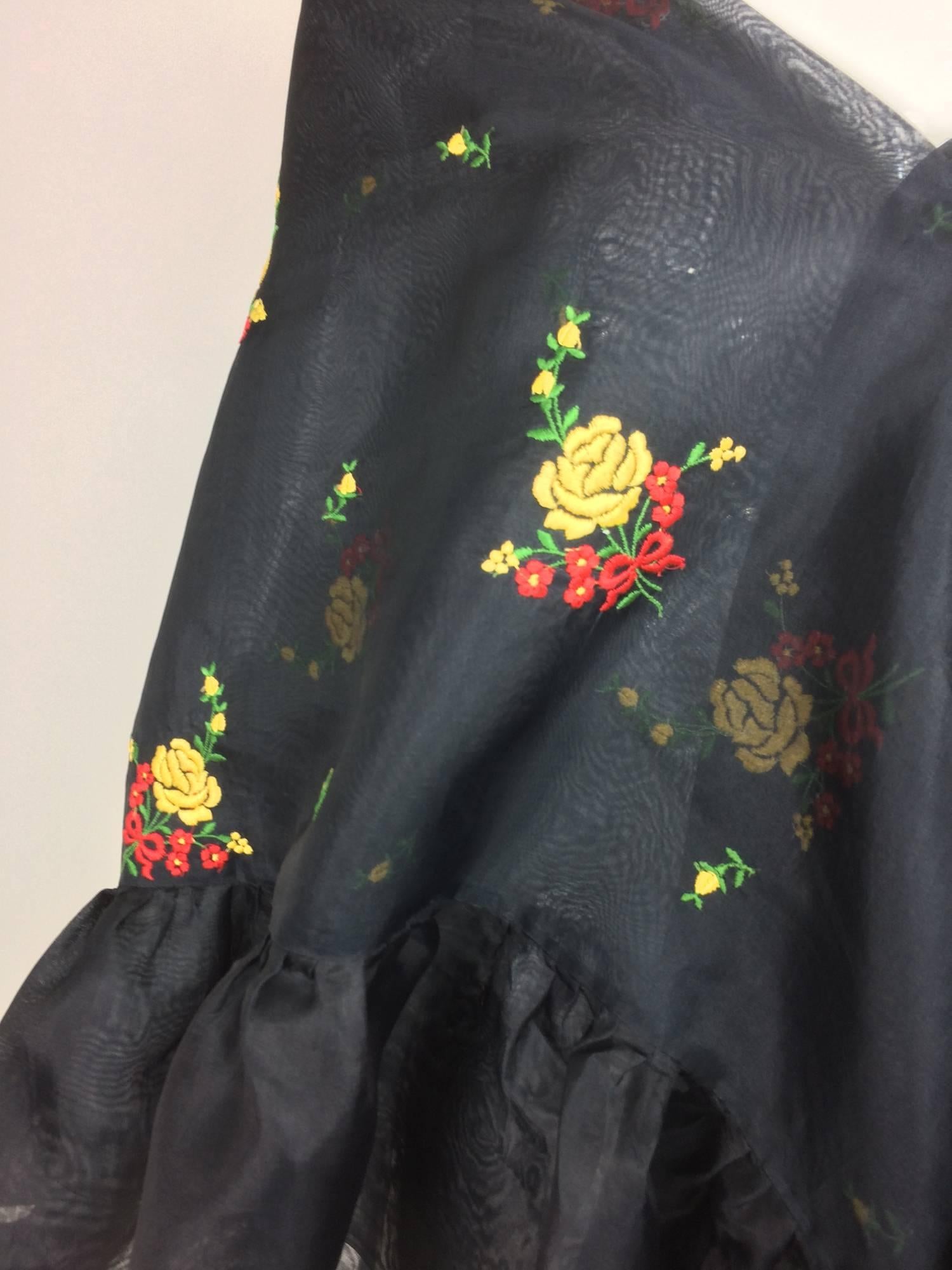 Vintage Christian Dior floral embroidered black silk organza ruffle shawl 1970s 1