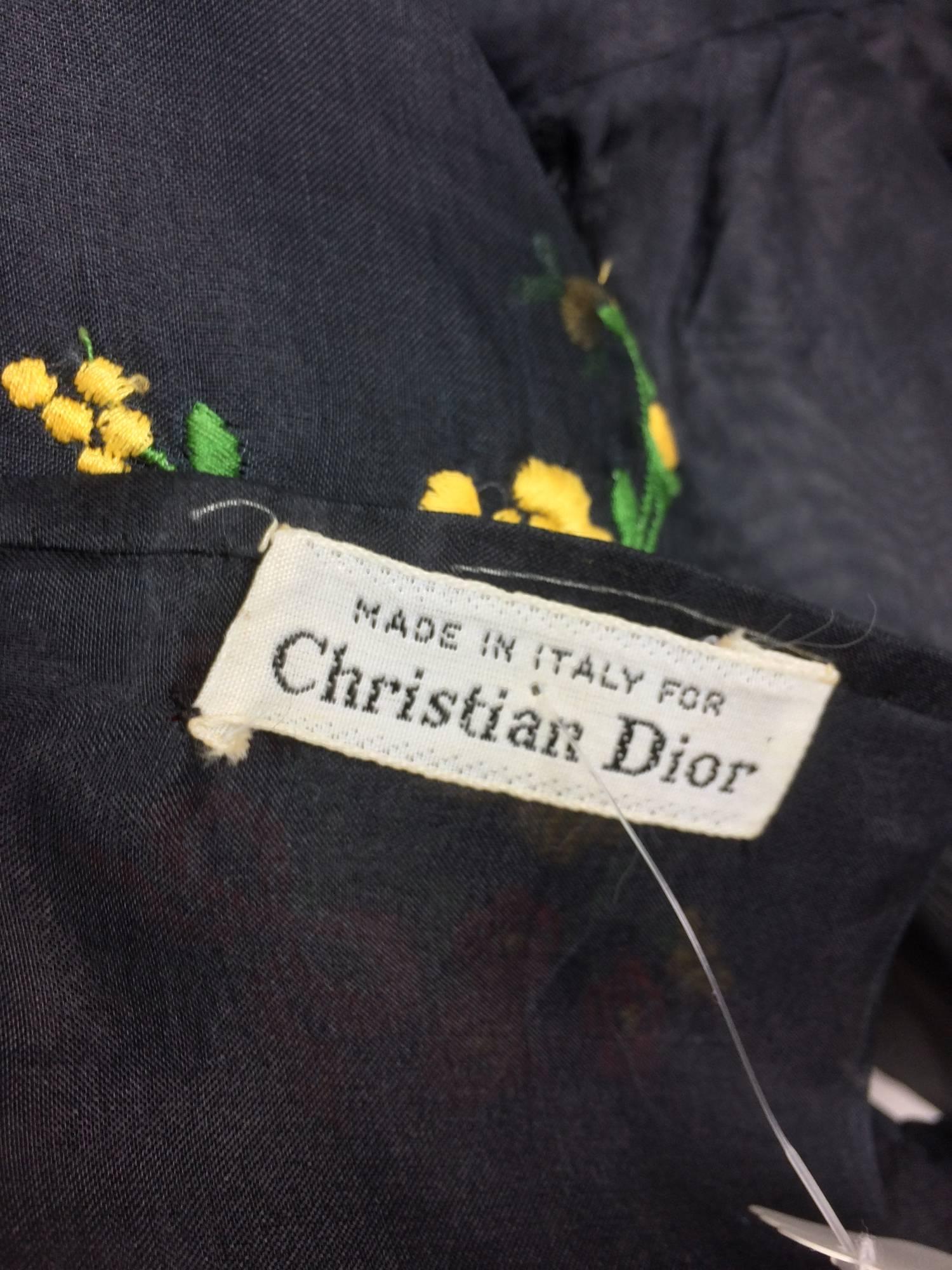 Vintage Christian Dior floral embroidered black silk organza ruffle shawl 1970s 2