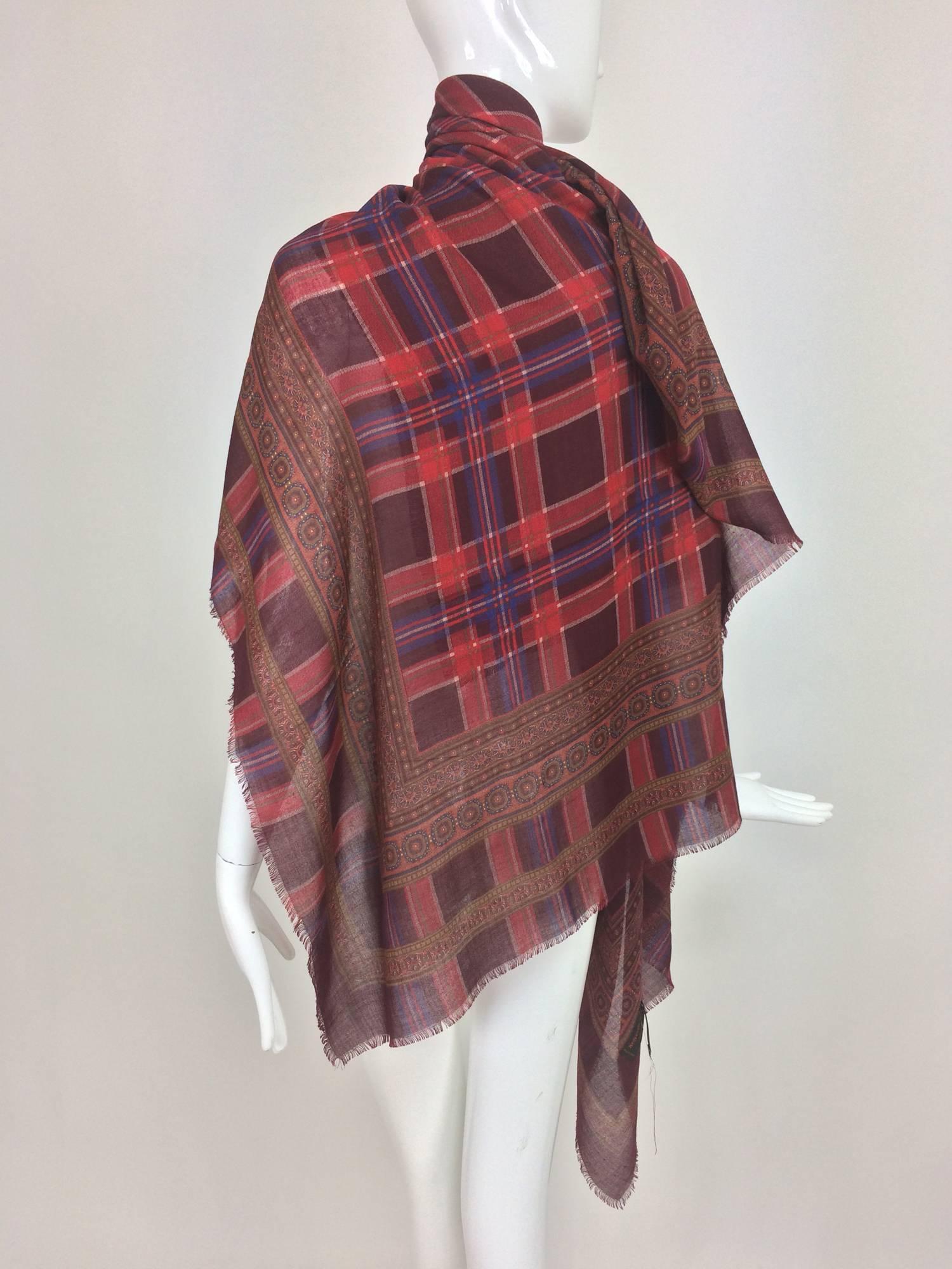 Yves St Laurent cashmere and silk mix plaid and print large shawl scarf 1990s...Beautiful light weight, silky shawl with a narrow self fringe edge on all four sides...

Sale items are final!

Measurements are:
55" x 55"