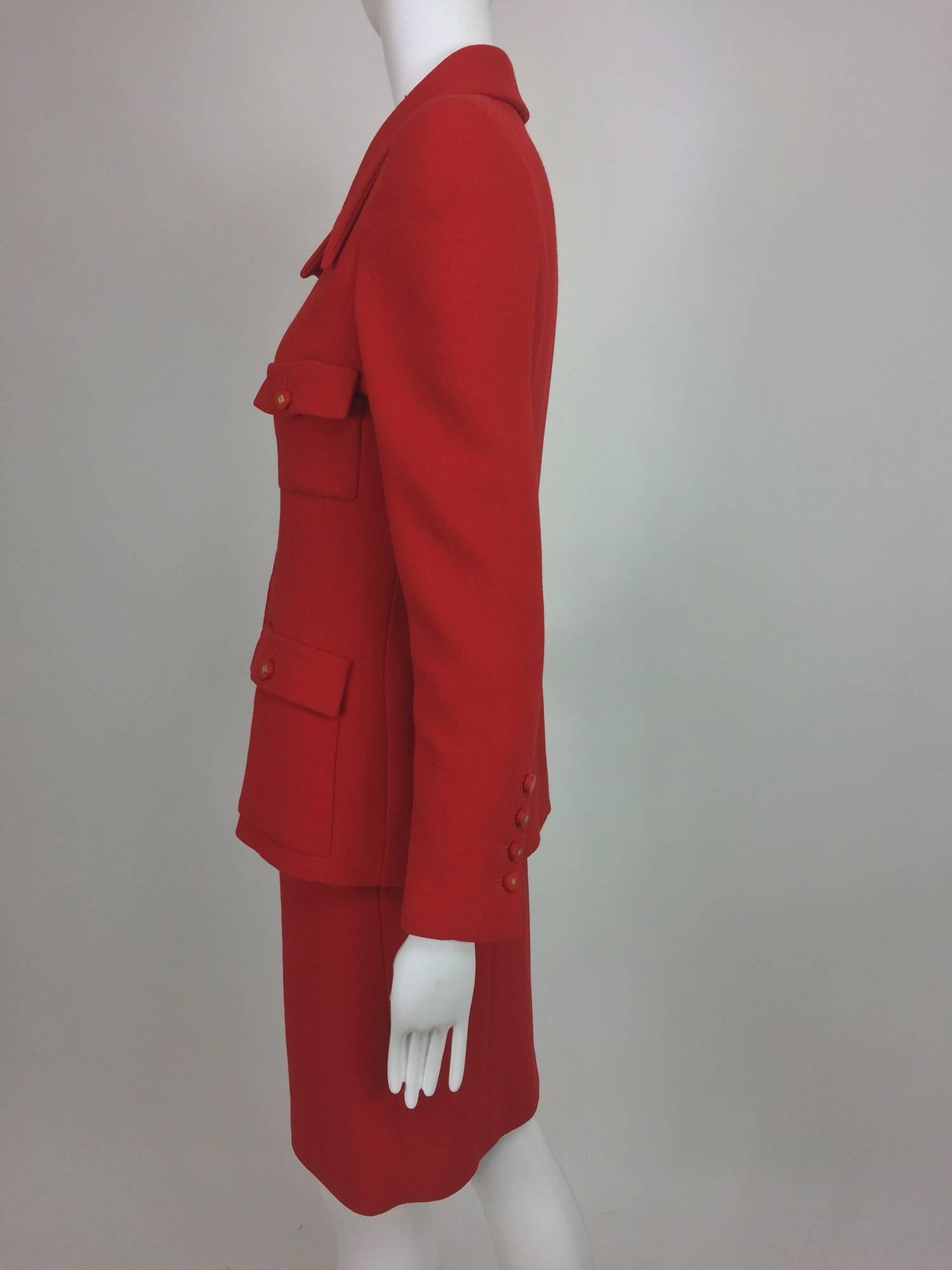 Red Vintage Chanel fire engine red wool military inspired suit 1996A