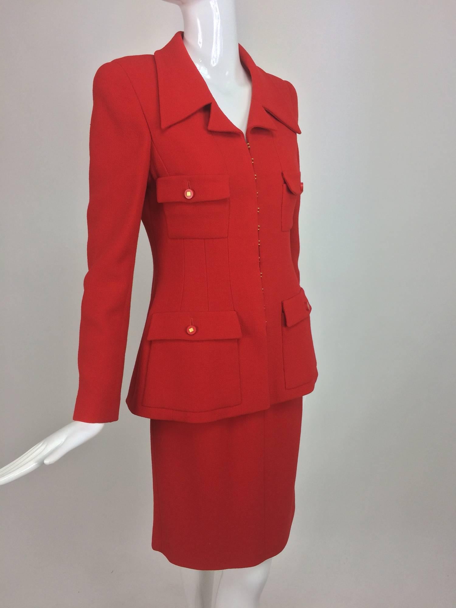 Women's Vintage Chanel fire engine red wool military inspired suit 1996A