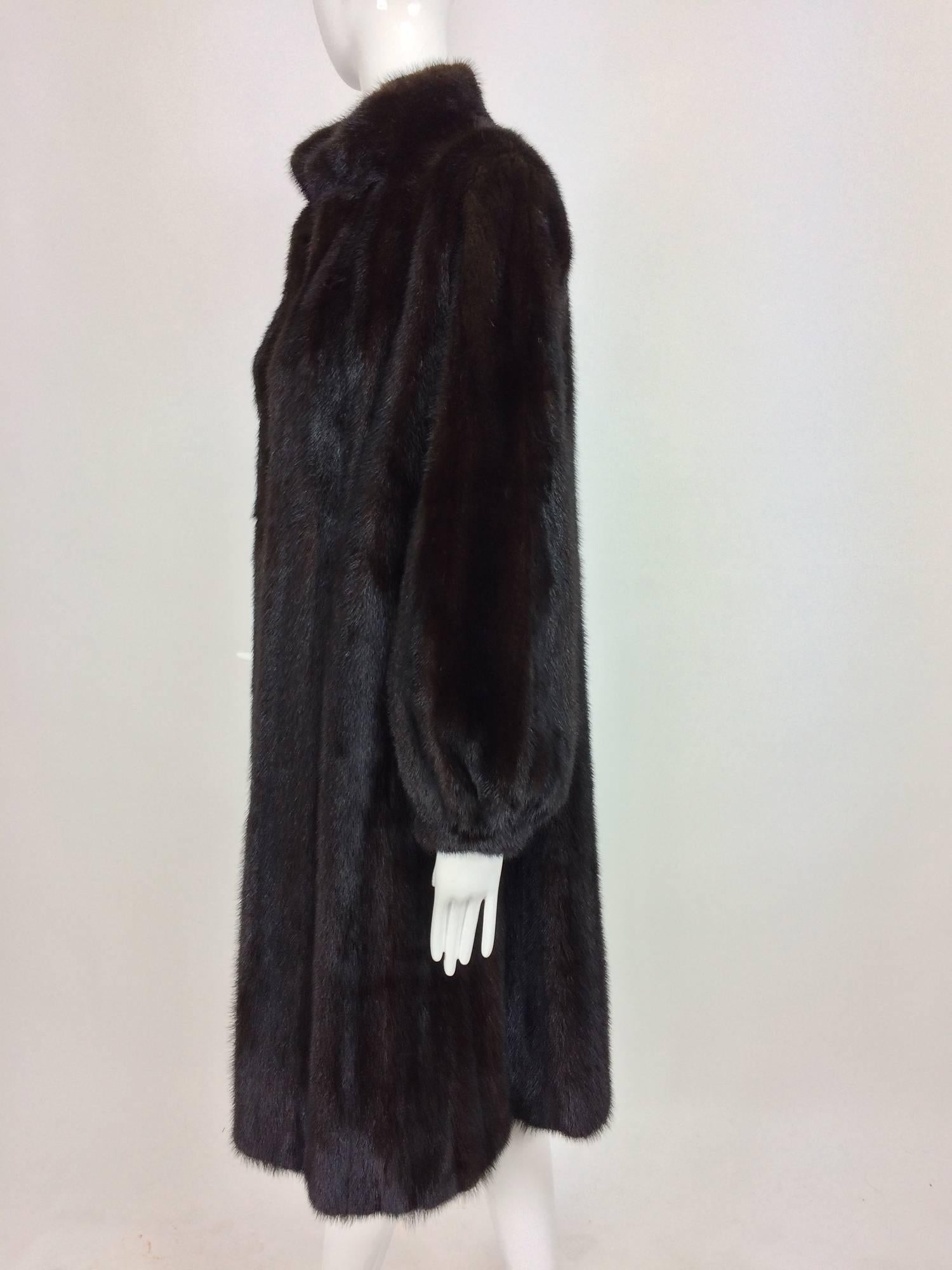 Full length lustrous dark mink coat with gathered cuffs 1960s 1