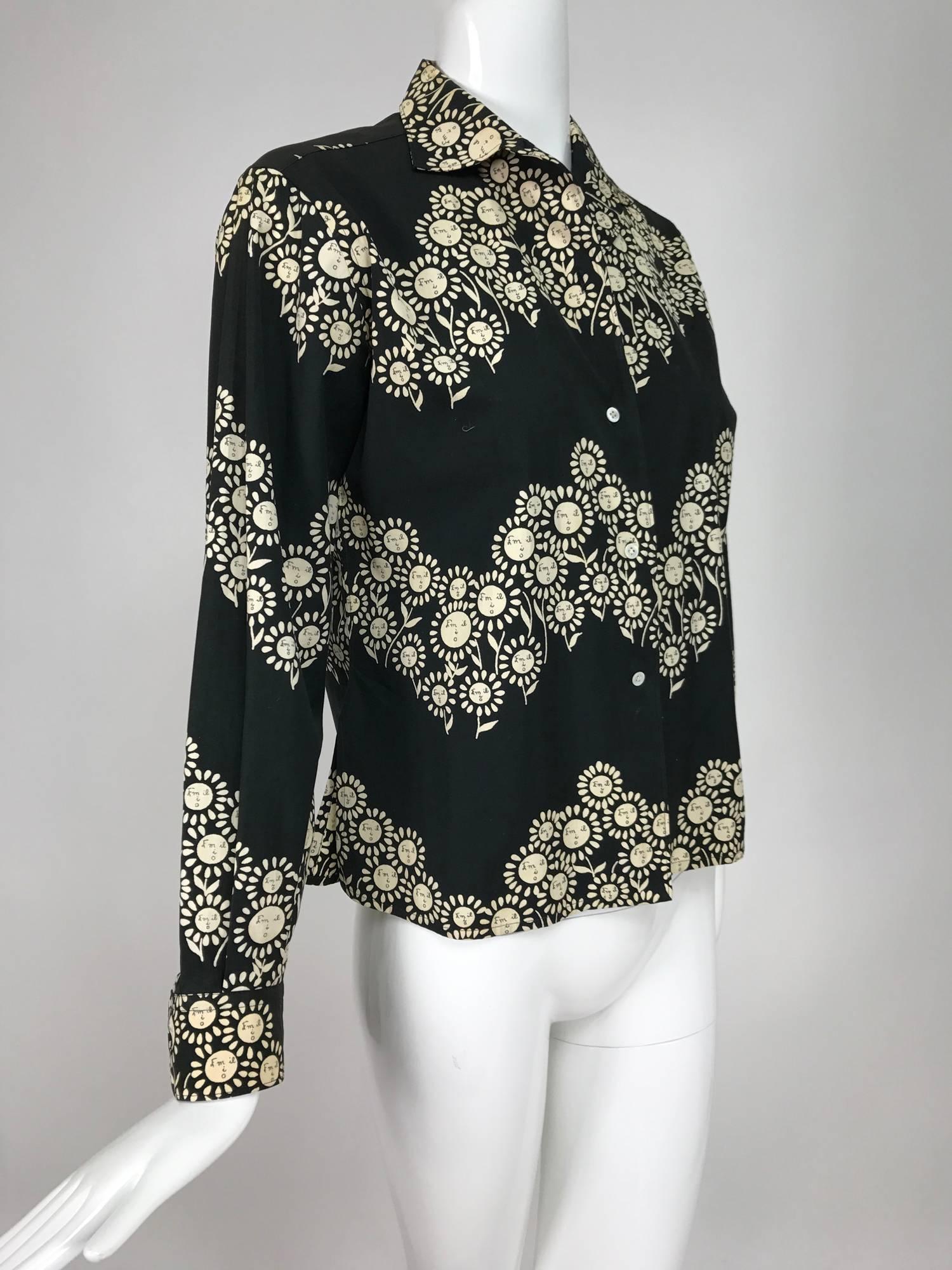 Black Rare Vintage Emilio Pucci black and white cotton floral blouse 1950s