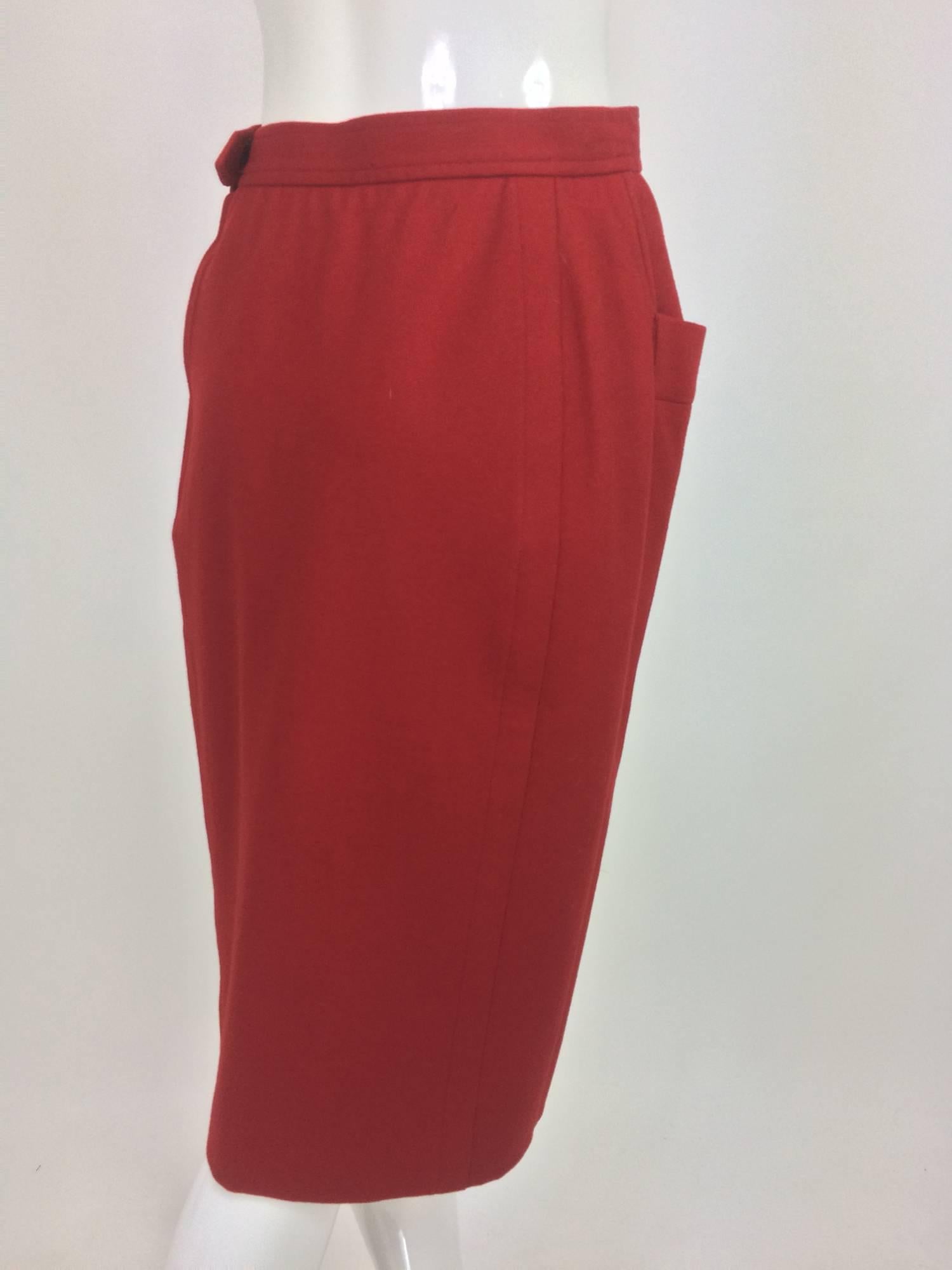 Vintage Yves Saint Laurent brick red wool skirt with hip front pockets 1980s In Excellent Condition In West Palm Beach, FL