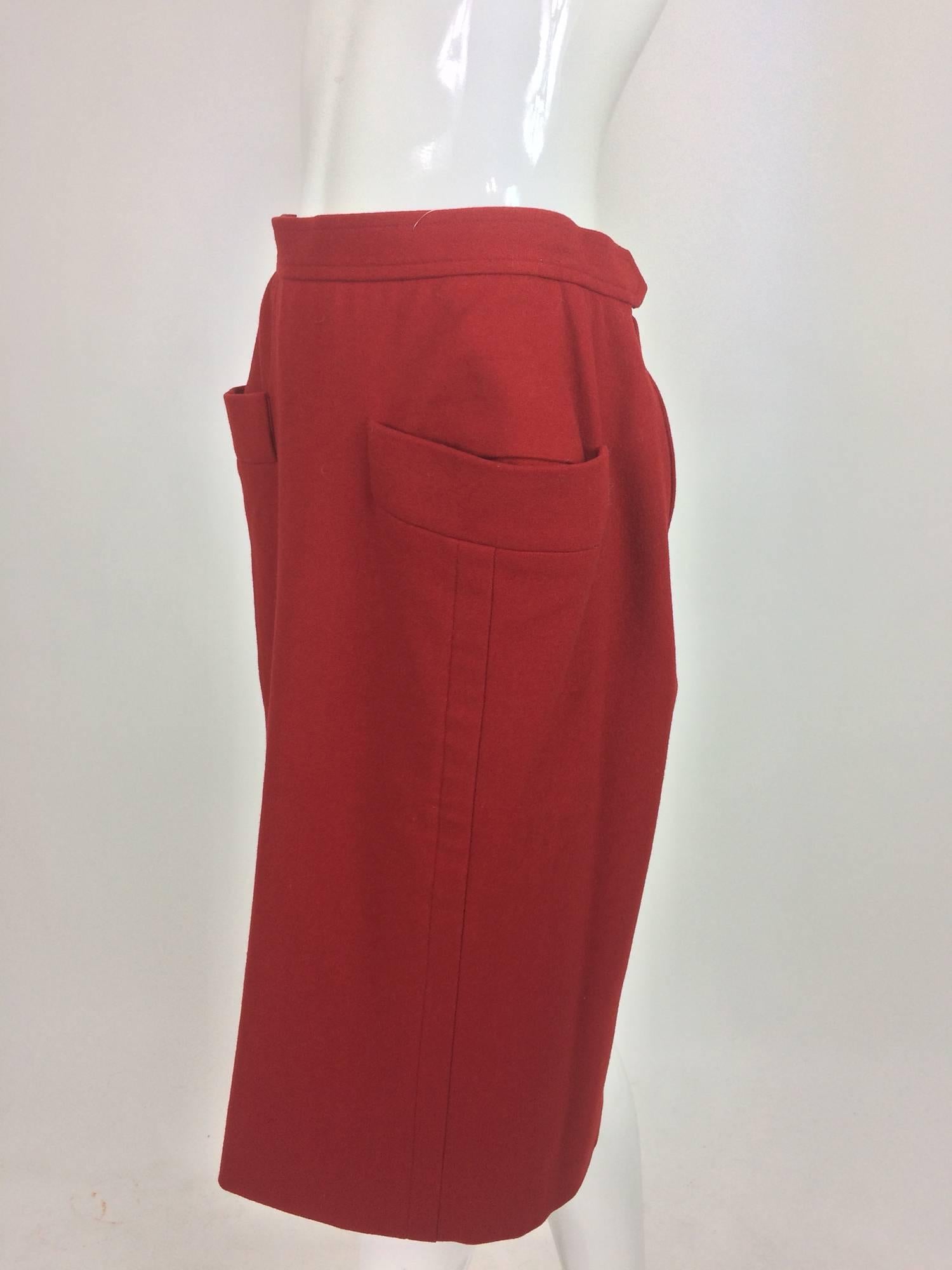 Vintage Yves Saint Laurent brick red wool skirt with hip front pockets 1980s 1