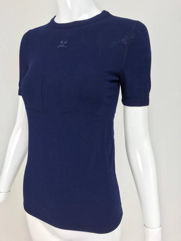 Vintage Courreges navy blue knit double pocket poor boy sweater 1970s