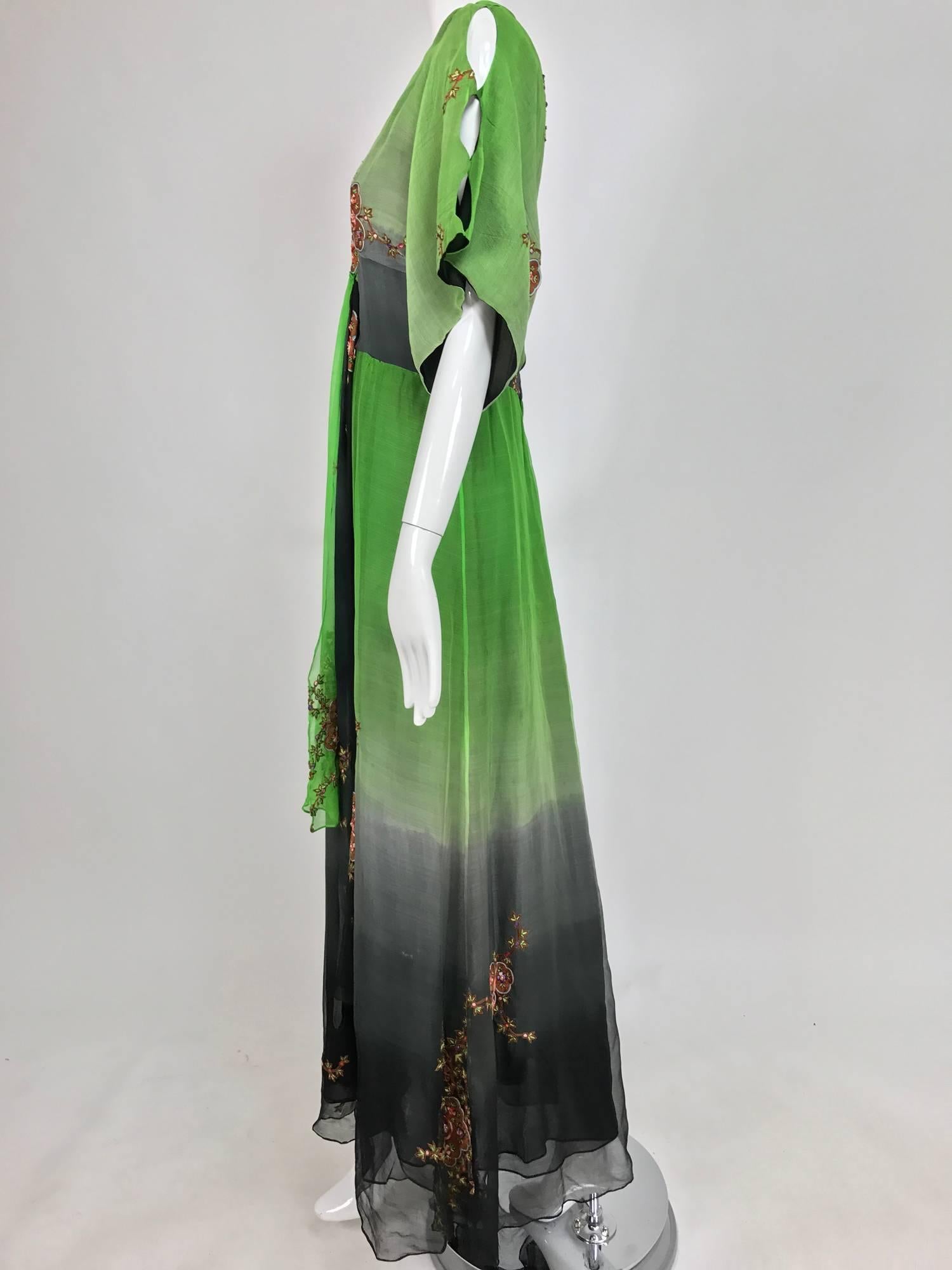 Green Thea Porter Couture ombred silk chiffon plunge gown with appliques 1970s