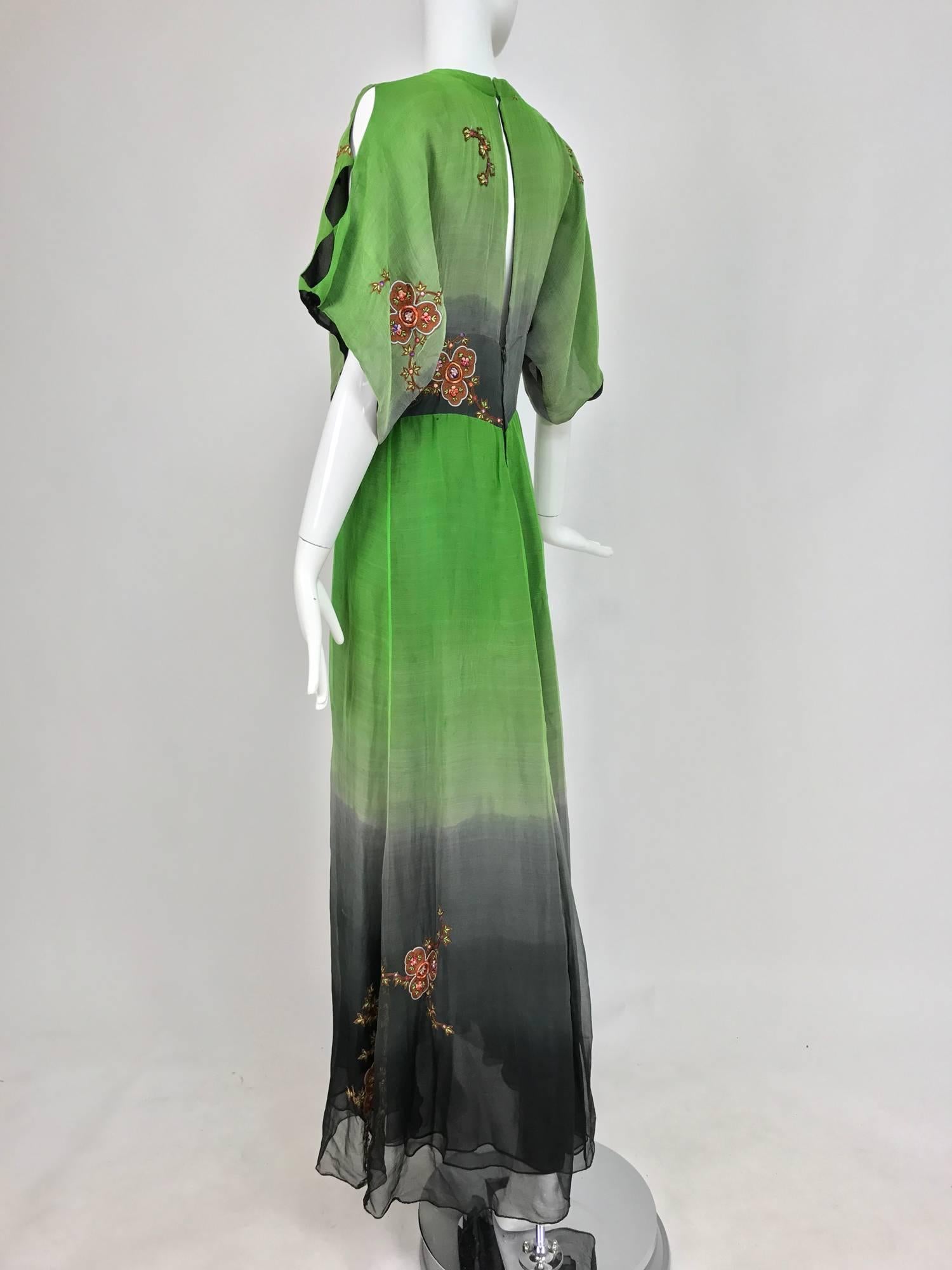 Thea Porter Couture ombred silk chiffon plunge gown with appliques 1970s In Excellent Condition In West Palm Beach, FL