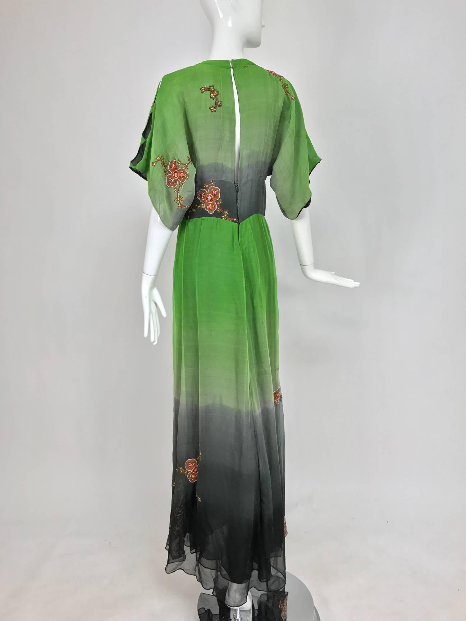 Women's Thea Porter Couture ombred silk chiffon plunge gown with appliques 1970s