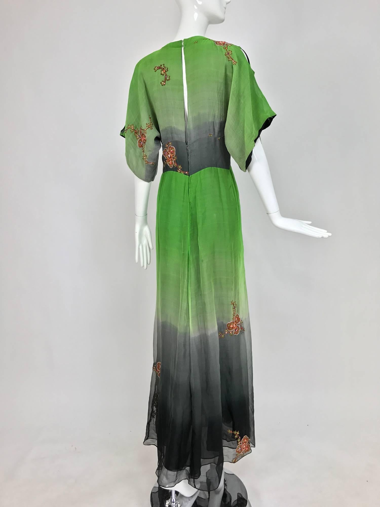 Thea Porter Couture ombred silk chiffon plunge gown with appliques 1970s 1
