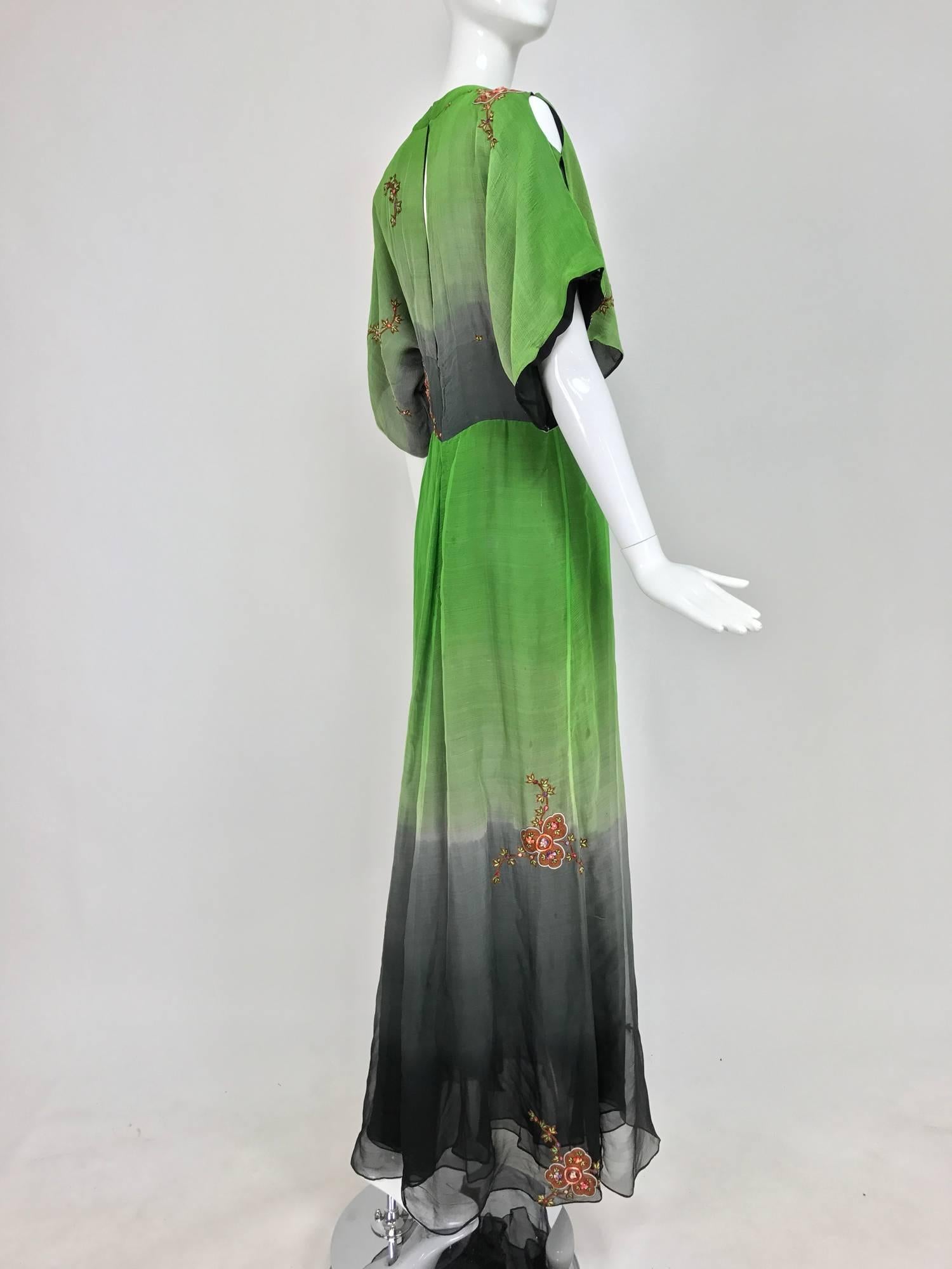 Thea Porter Couture ombred silk chiffon plunge gown with appliques 1970s 2