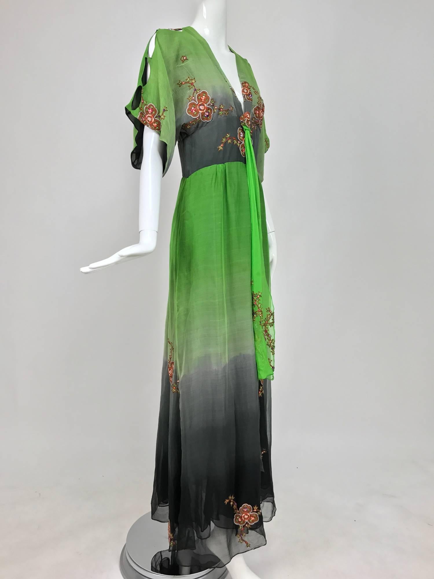 Thea Porter Couture ombred silk chiffon plunge gown with appliques 1970s 3