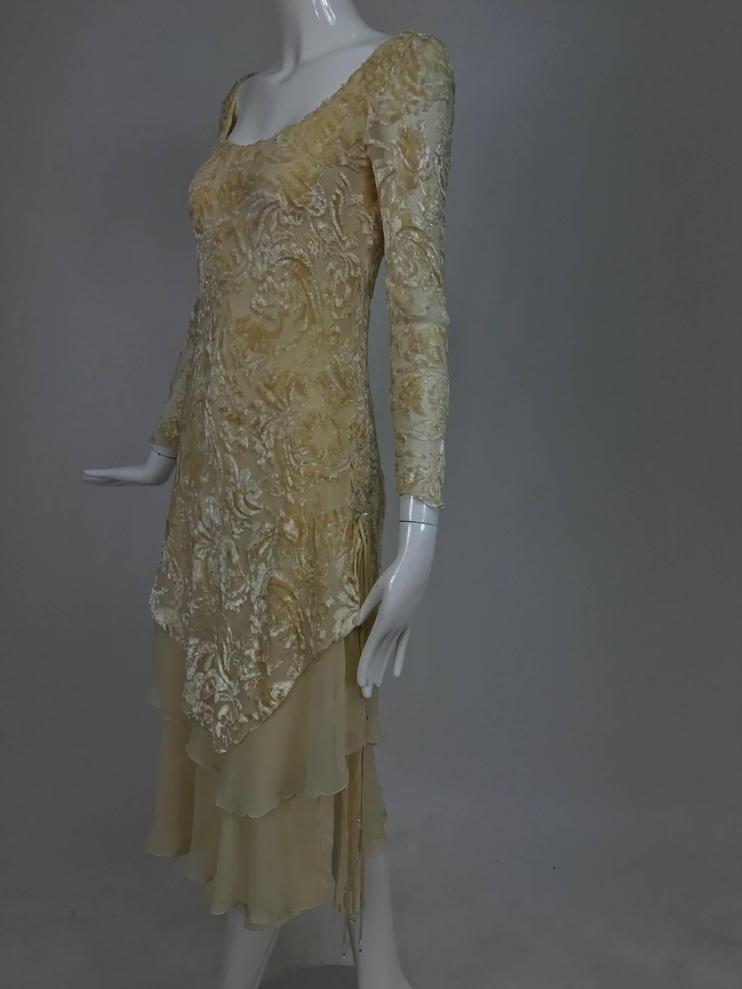 Gray Vintage cream silk voided velvet and chiffon draped dress petite 1970s