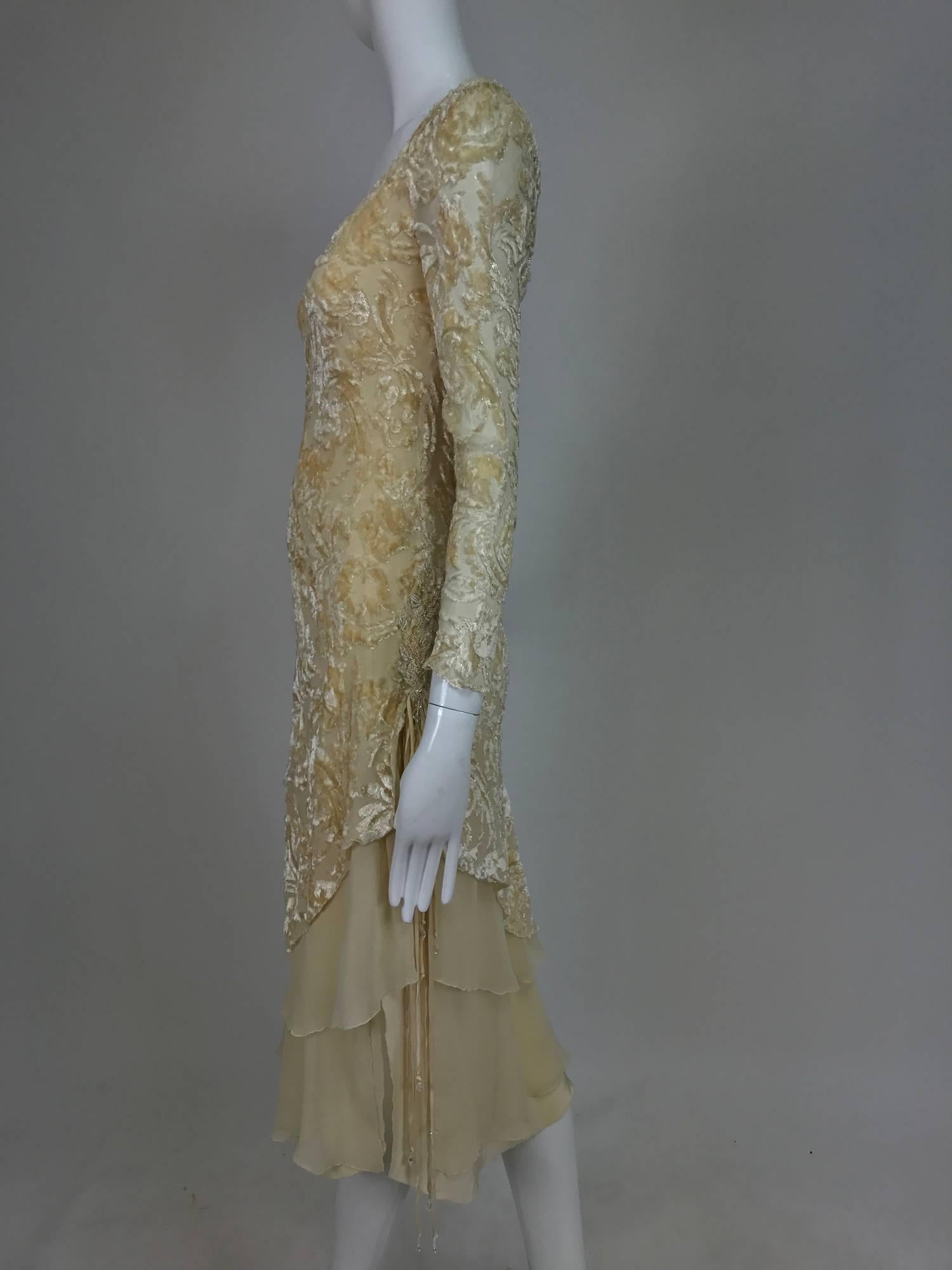 Vintage cream silk voided velvet and chiffon draped dress petite 1970s In Excellent Condition In West Palm Beach, FL