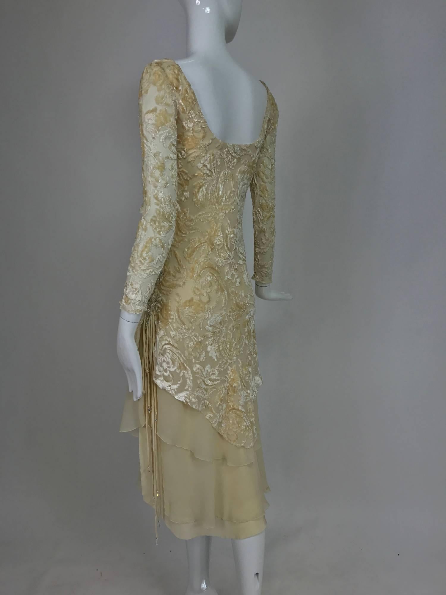 Women's Vintage cream silk voided velvet and chiffon draped dress petite 1970s