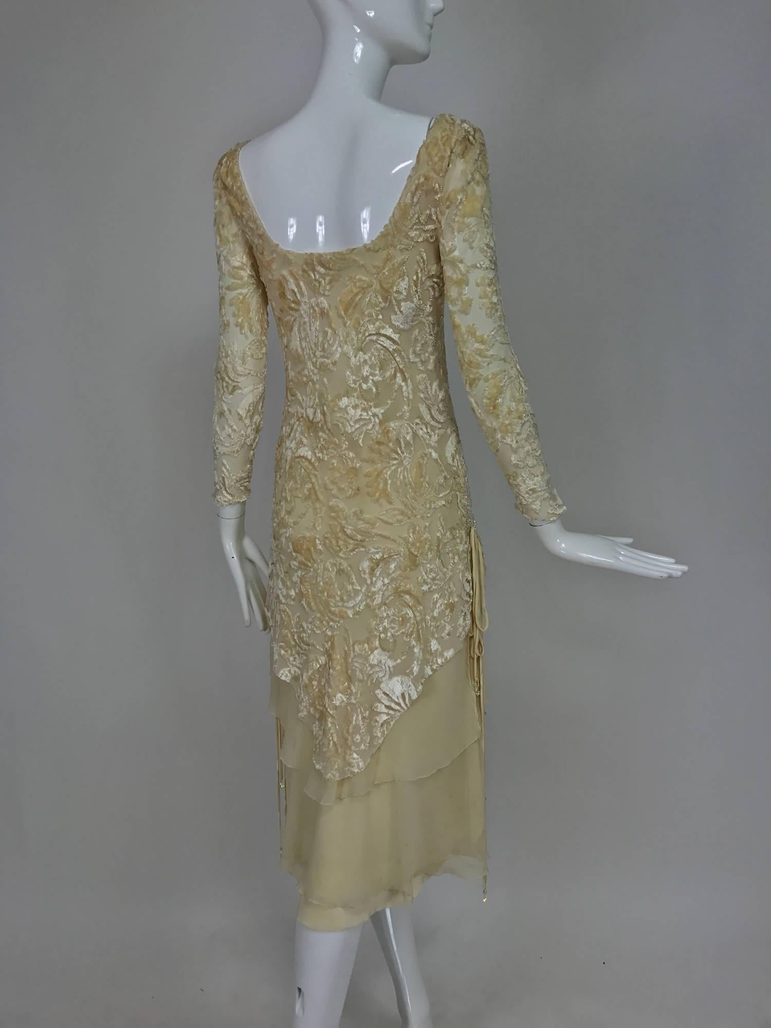 Vintage cream silk voided velvet and chiffon draped dress petite 1970s 2