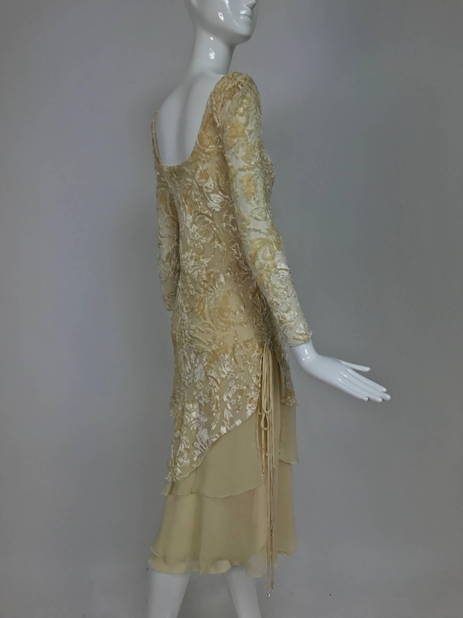 Vintage cream silk voided velvet and chiffon draped dress petite 1970s 3