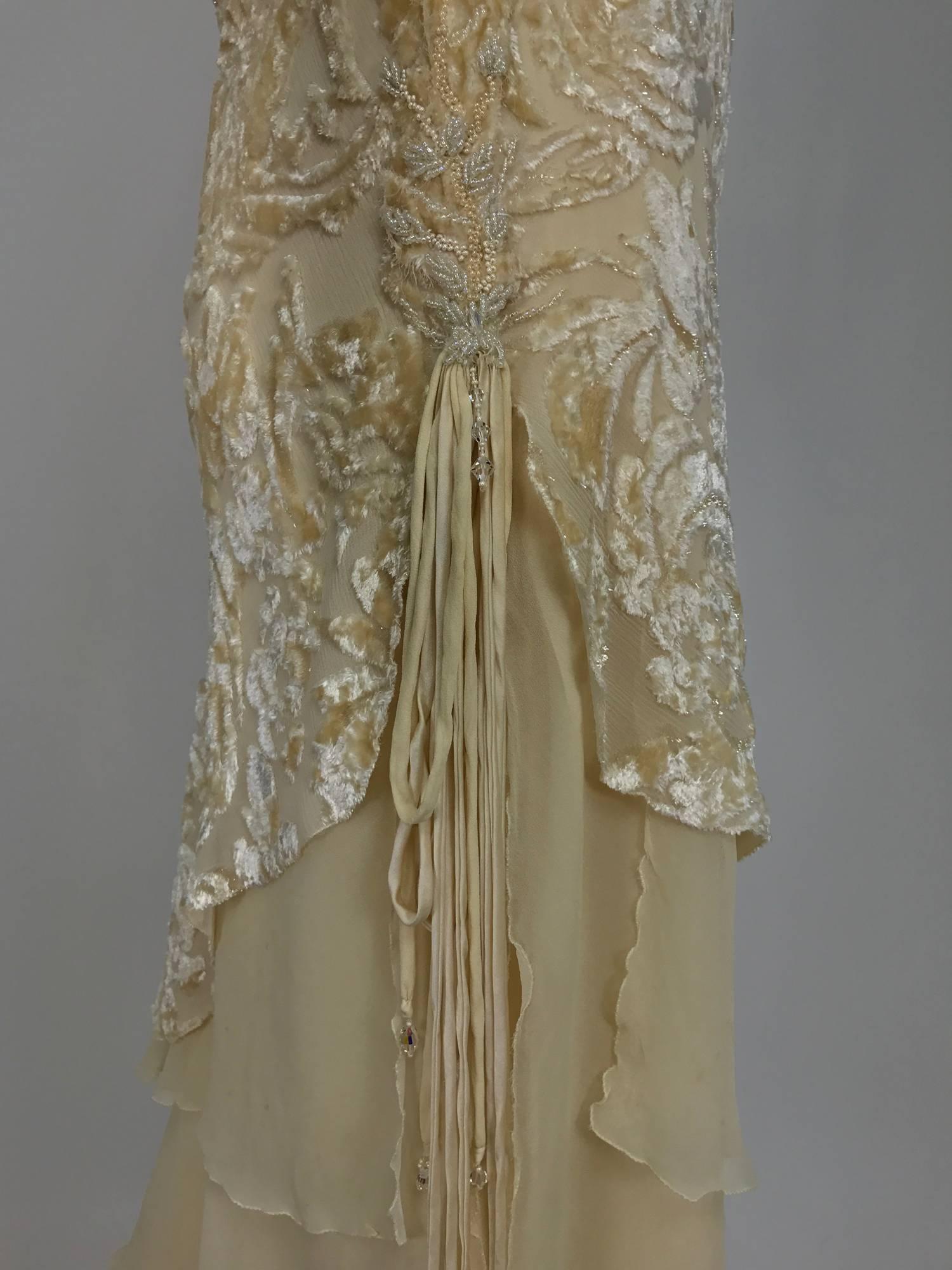 Vintage cream silk voided velvet and chiffon draped dress petite 1970s 4