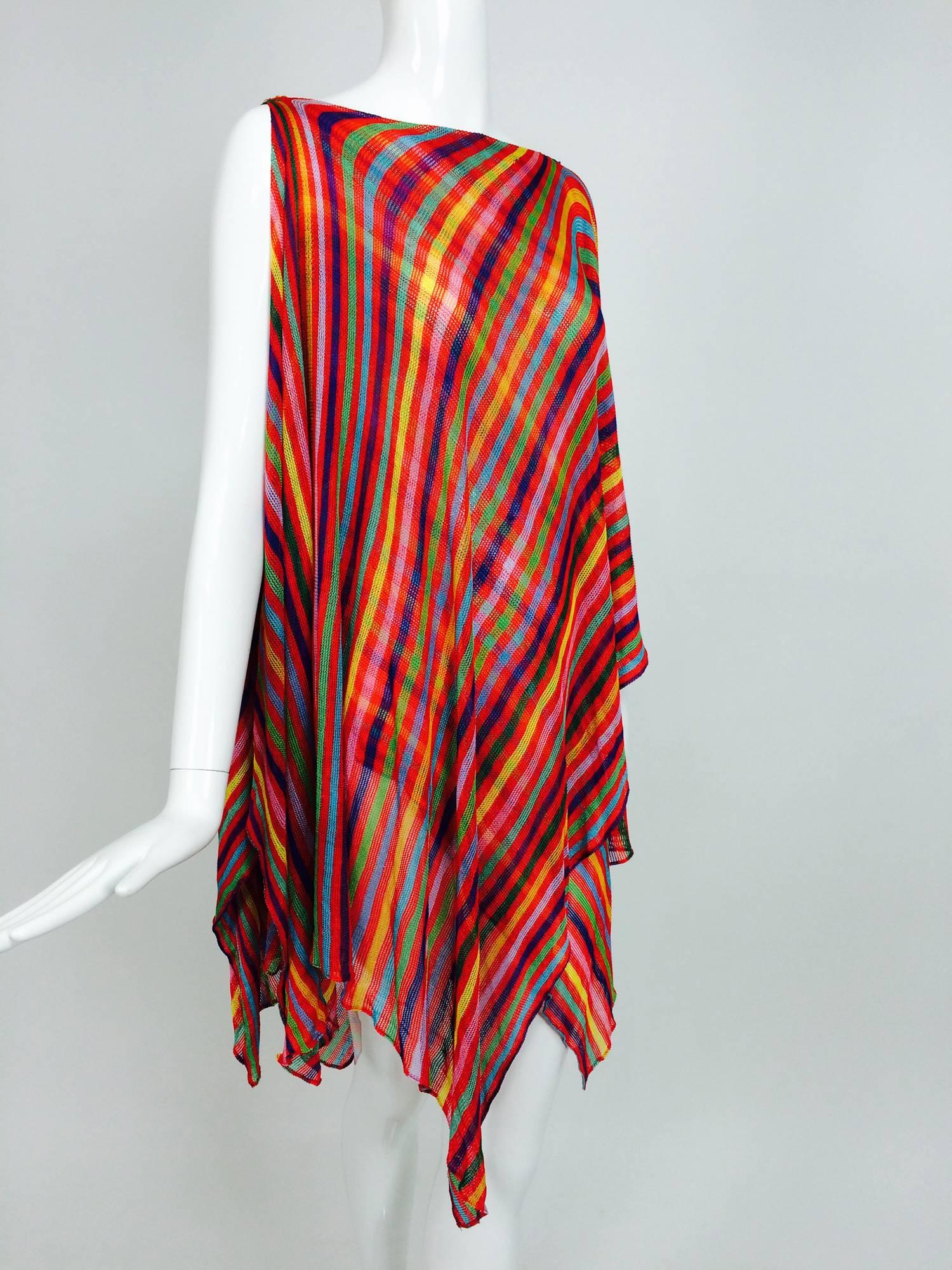 Vintage Missoni draped asymmetrical coloured tunic 1970s...Brightly coloured stripes that form a plaid design when the layers of this tunic drape over each other...Woven of cotton...Bateau neckline and sleeveless it is a perfect warm weather fashion
