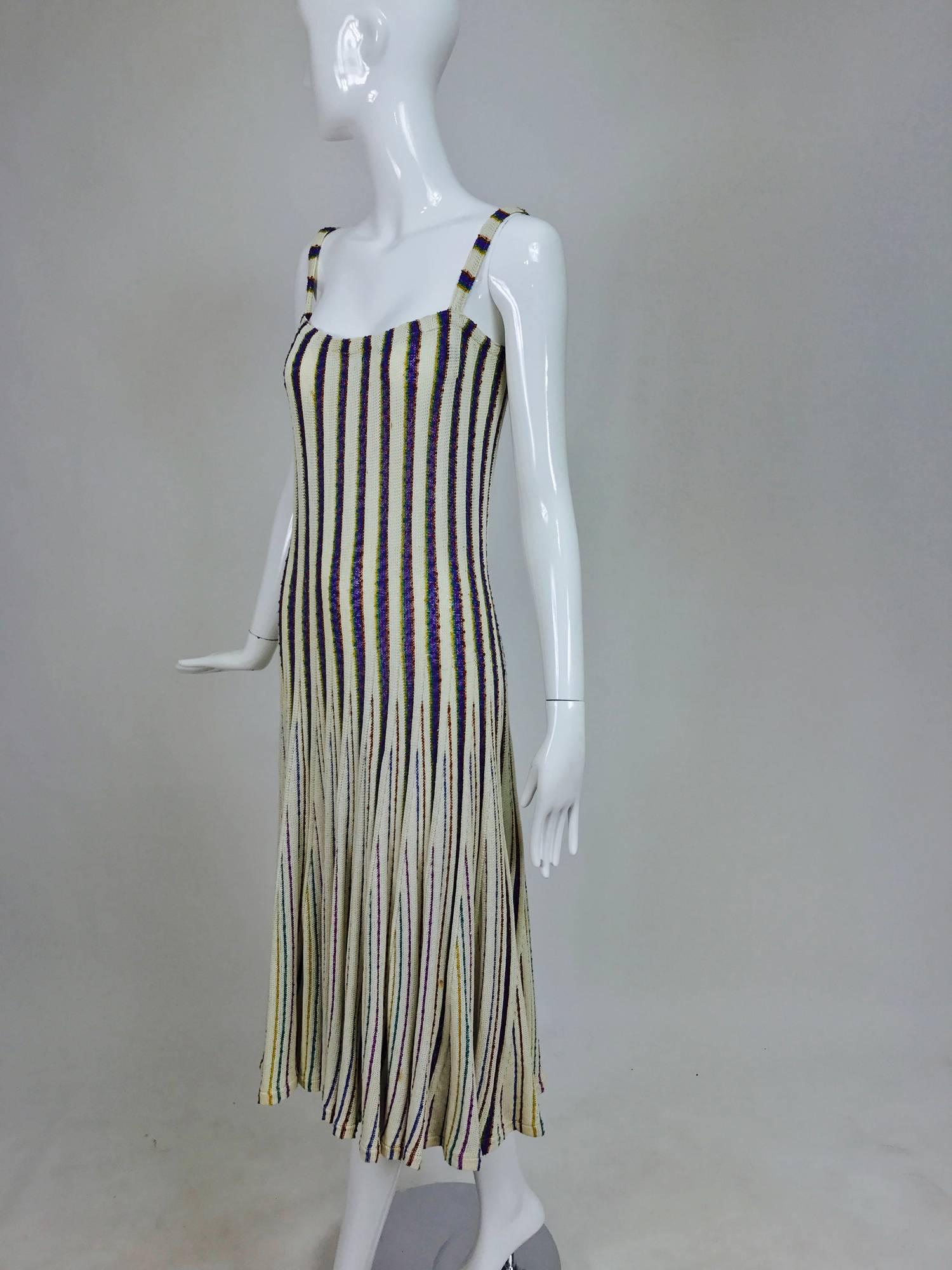 Missoni for Bloomingdale's 1970s stripe gored hem knit tank dress...In the late 1960s Missoni designs were championed in the USA by Diana Vreeland, editor of American Vogue, and a Missoni boutique was opened in Bloomingdales New York Ciry, the rest
