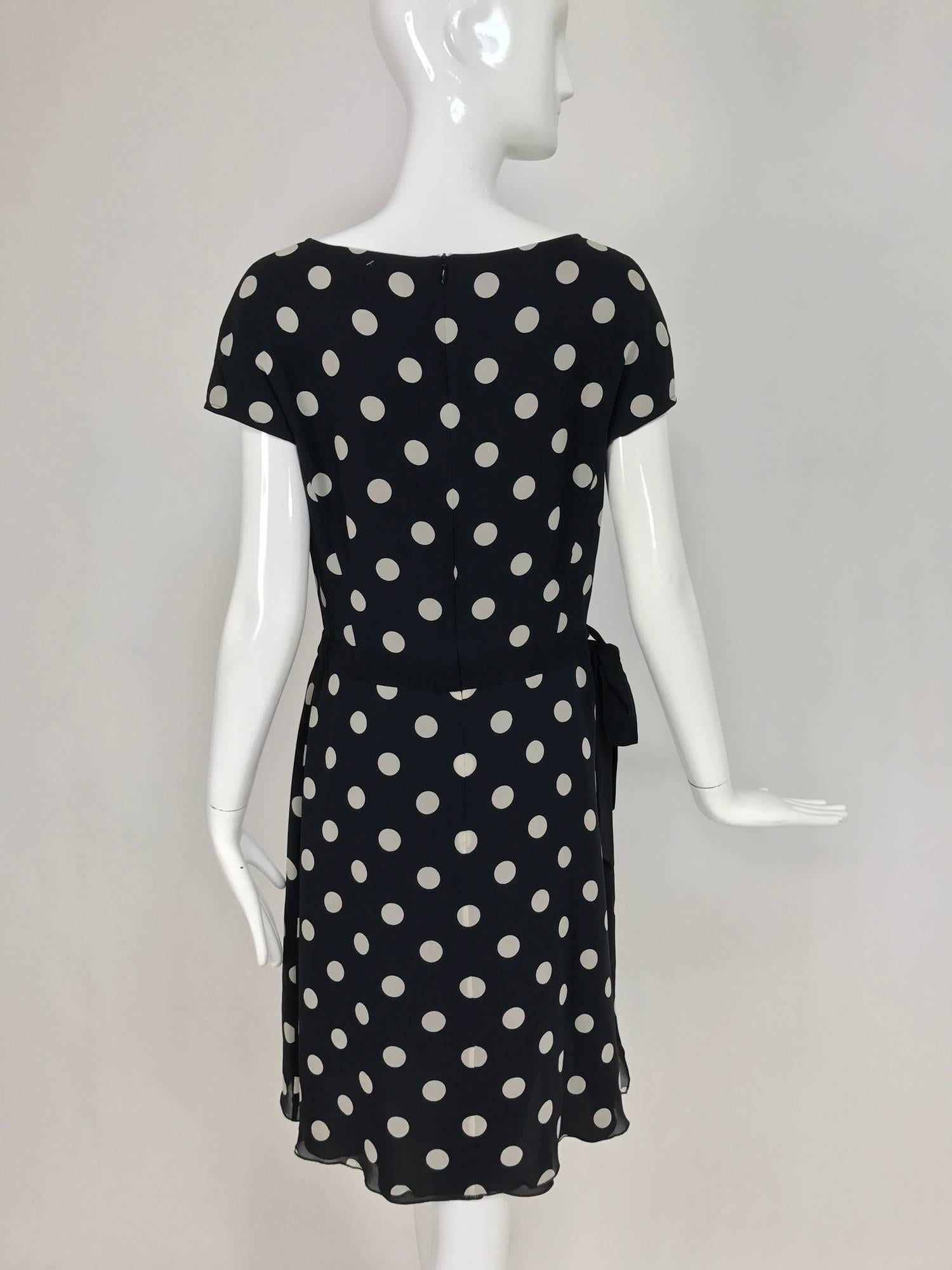 Black Vintage Valentino cream and black silk polka dot chiffon dress 1980s For Sale