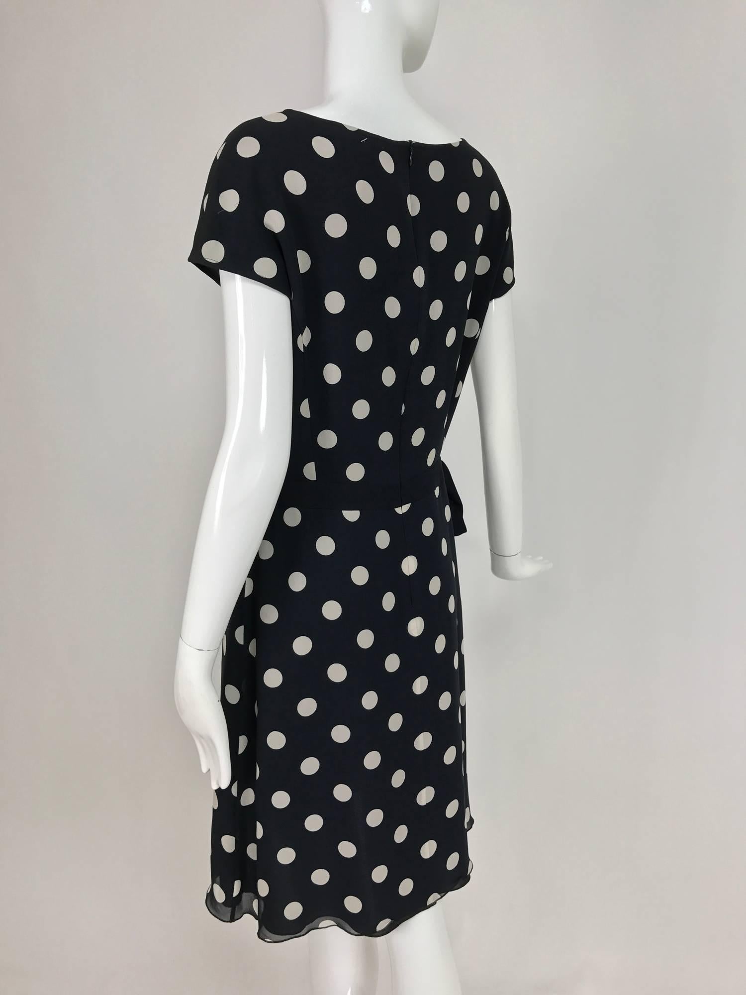 Vintage Valentino cream and black silk polka dot chiffon dress 1980s In Excellent Condition For Sale In West Palm Beach, FL