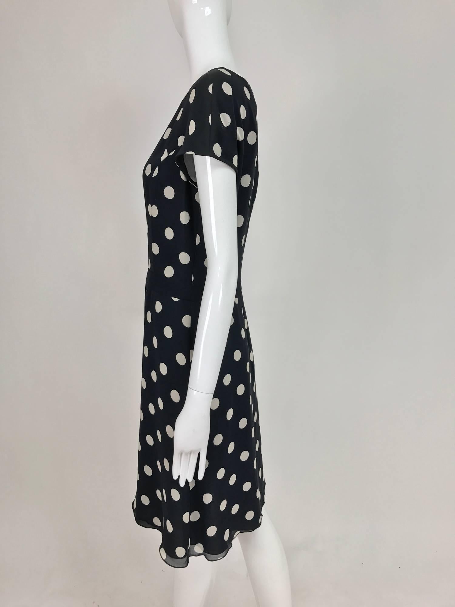 Women's Vintage Valentino cream and black silk polka dot chiffon dress 1980s For Sale