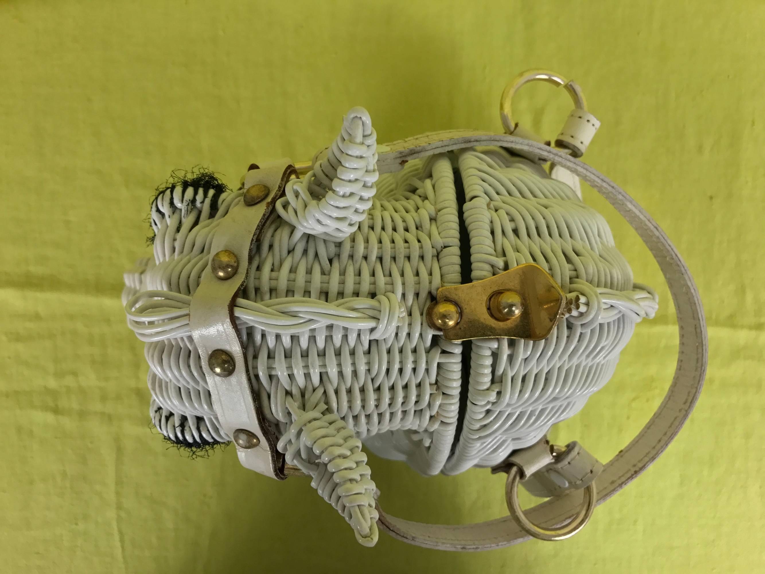 Gray Vintage Marcus Brothers white wicker horse head with eyelashes handbag 1960s