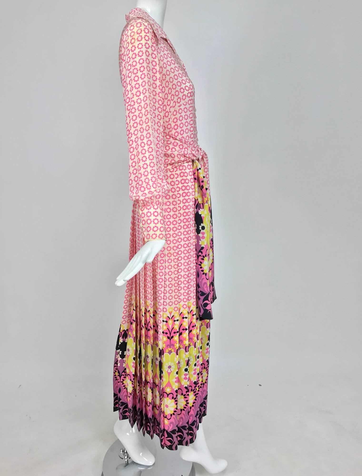 Beige Vintage Martha Boutique silk border print pleated maxi dress 1970s