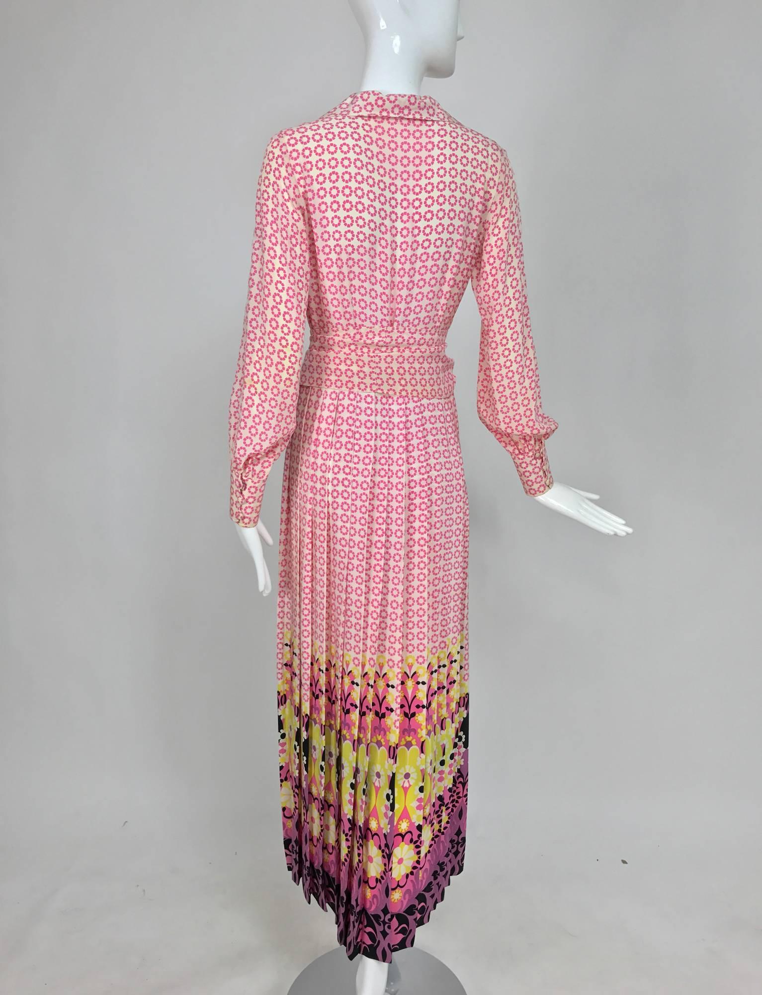 Vintage Martha Boutique silk border print pleated maxi dress 1970s 1