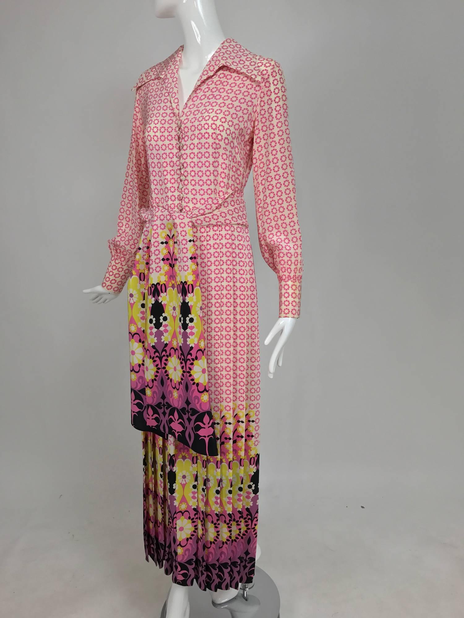 Vintage Martha Boutique silk border print pleated maxi dress 1970s 2