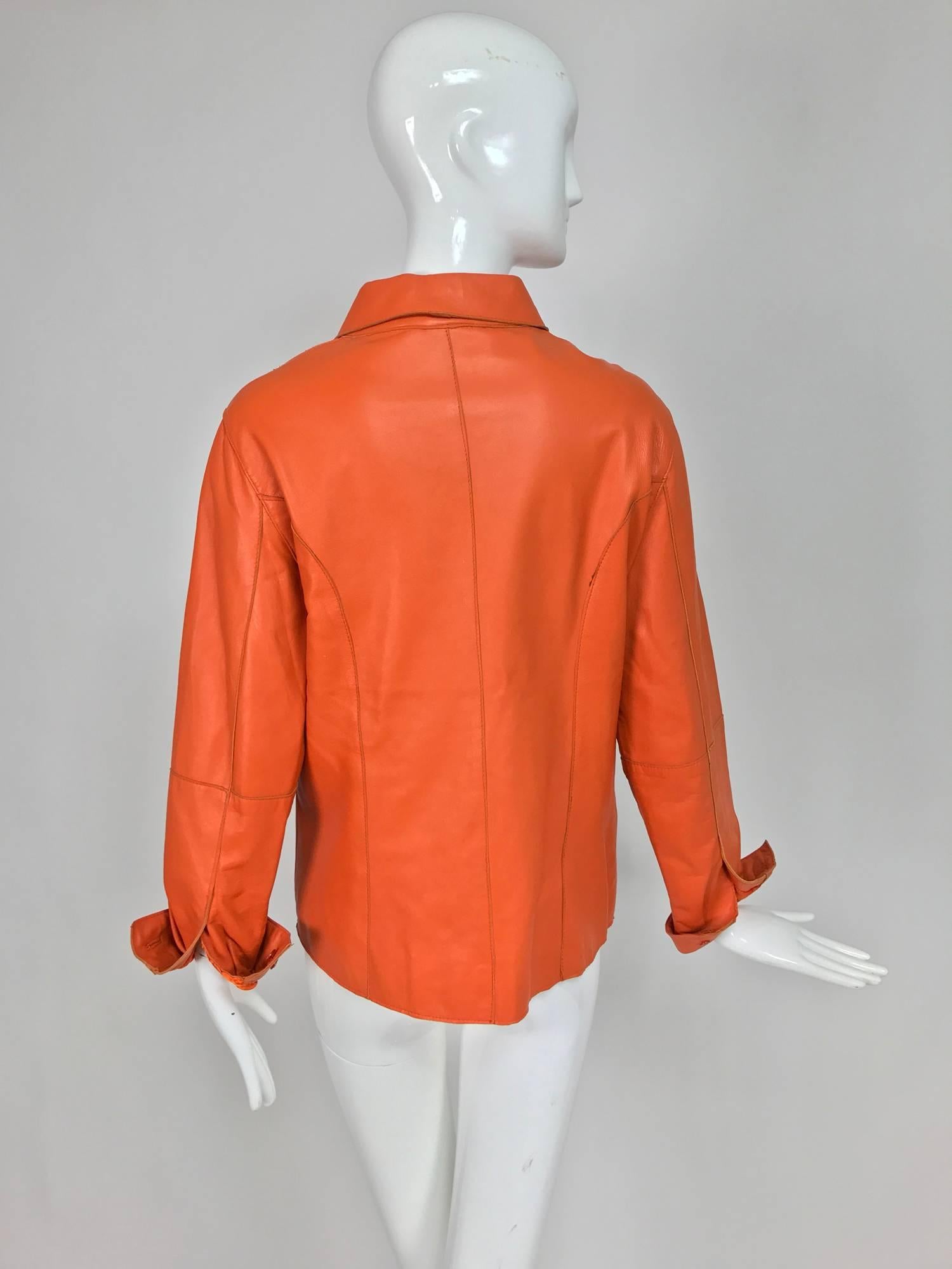 Vintage orange leather button front shirt jacket 1970s In Excellent Condition In West Palm Beach, FL