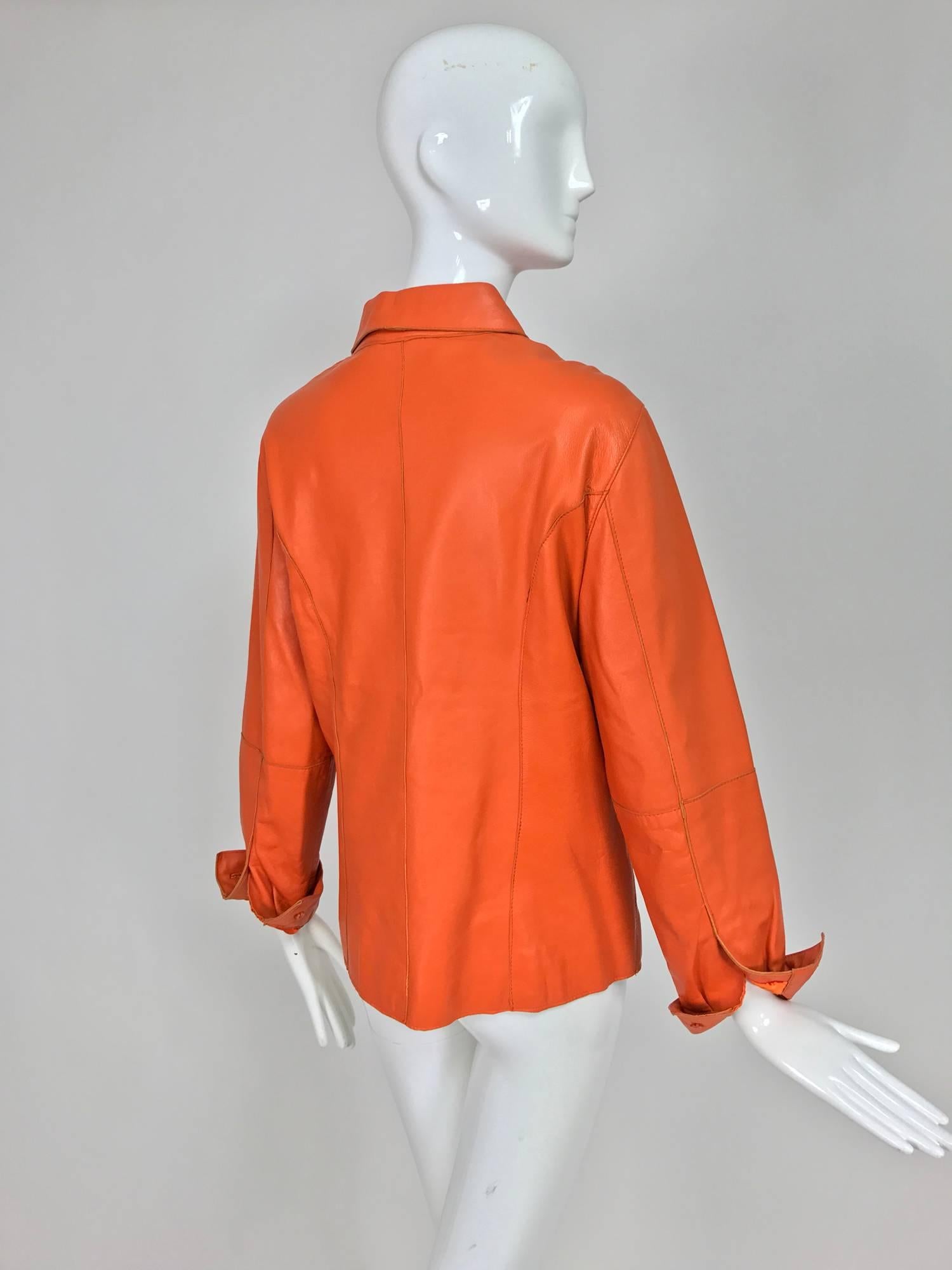 Women's Vintage orange leather button front shirt jacket 1970s