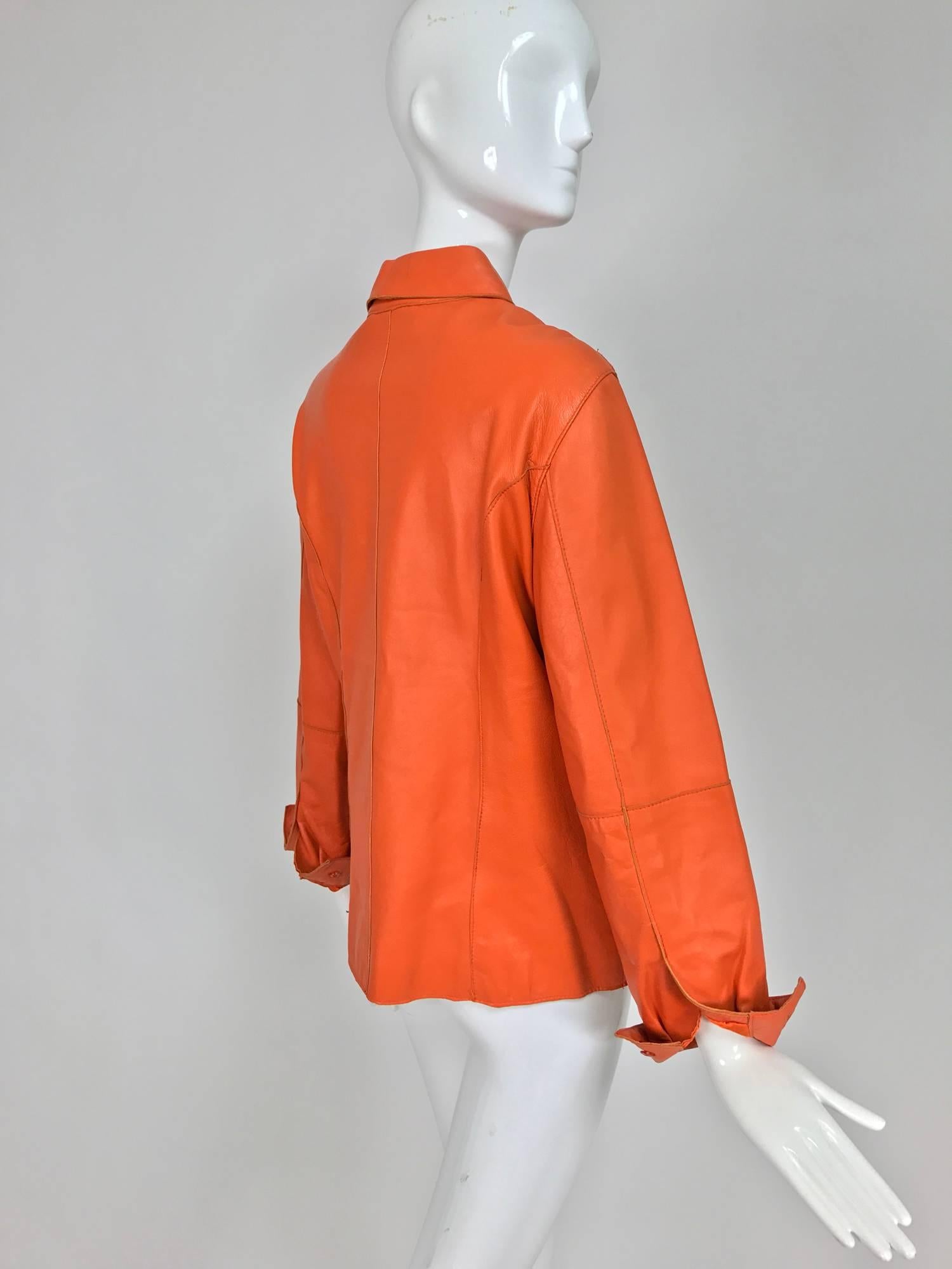 Vintage orange leather button front shirt jacket 1970s 1