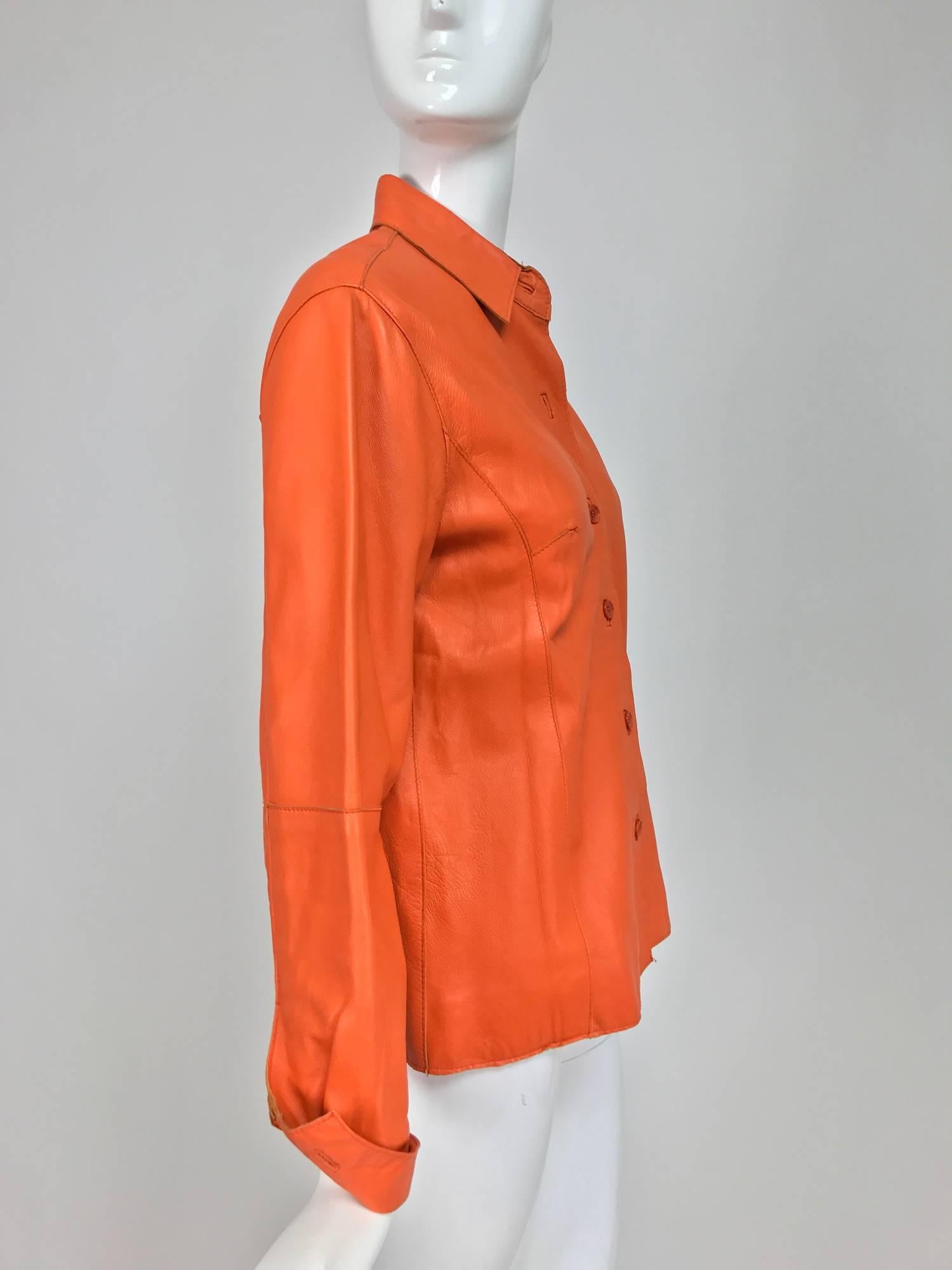 Vintage orange leather button front shirt jacket 1970s 3