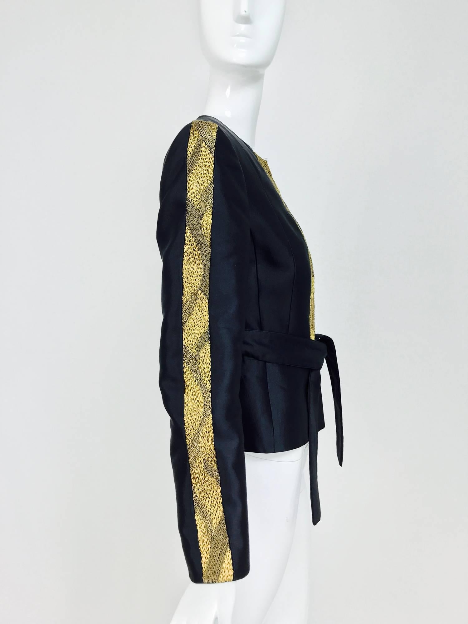 Black Rena Lange black wool and silk jacket with heavy gold cord embroidery 