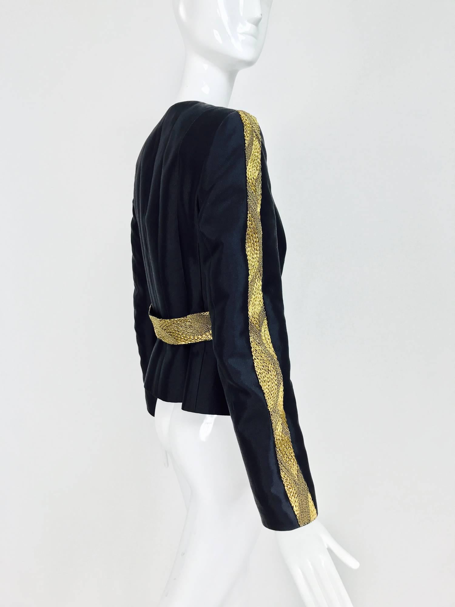 Rena Lange black wool and silk jacket with heavy gold cord embroidery  In Excellent Condition In West Palm Beach, FL