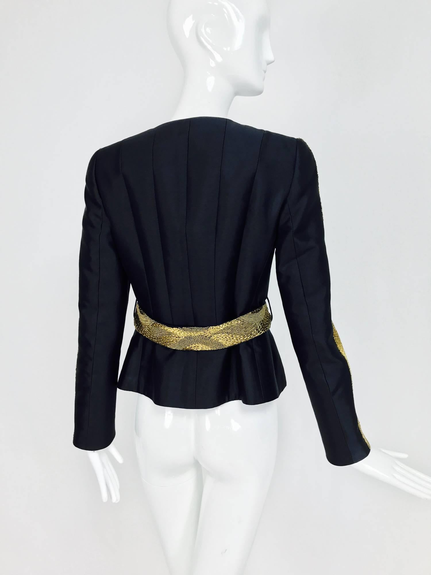 Women's Rena Lange black wool and silk jacket with heavy gold cord embroidery 